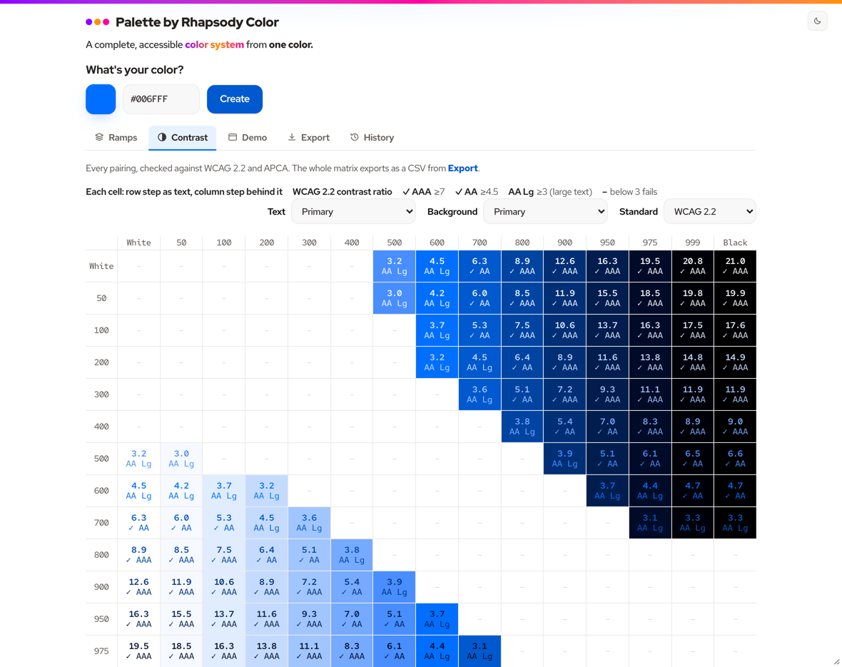 Palette by Rhapsody Color, the Contrast view. A WCAG and APCA contrast grid
