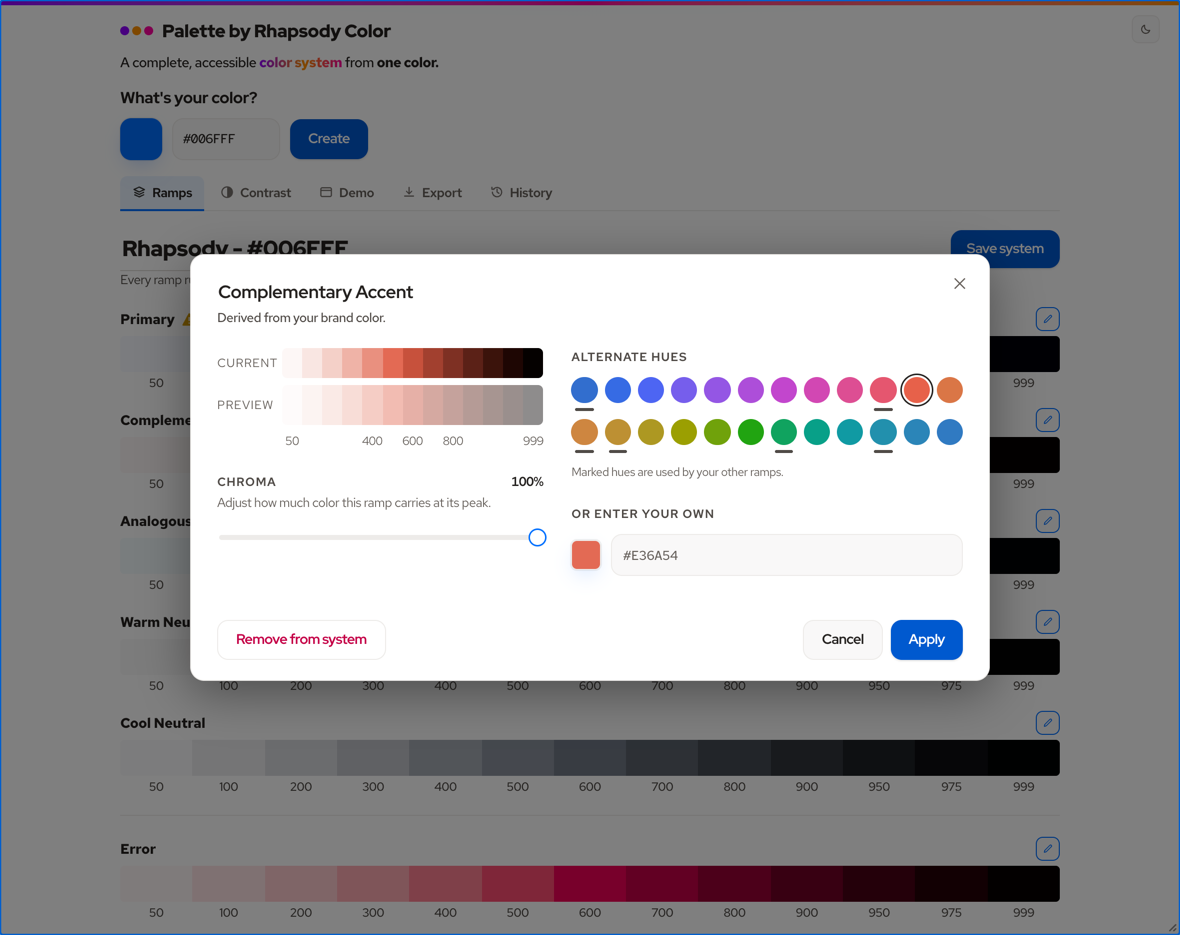 Palette by Rhapsody Color, editing one ramp: hue wheel, exact hex, color pinning, and chroma with a live preview