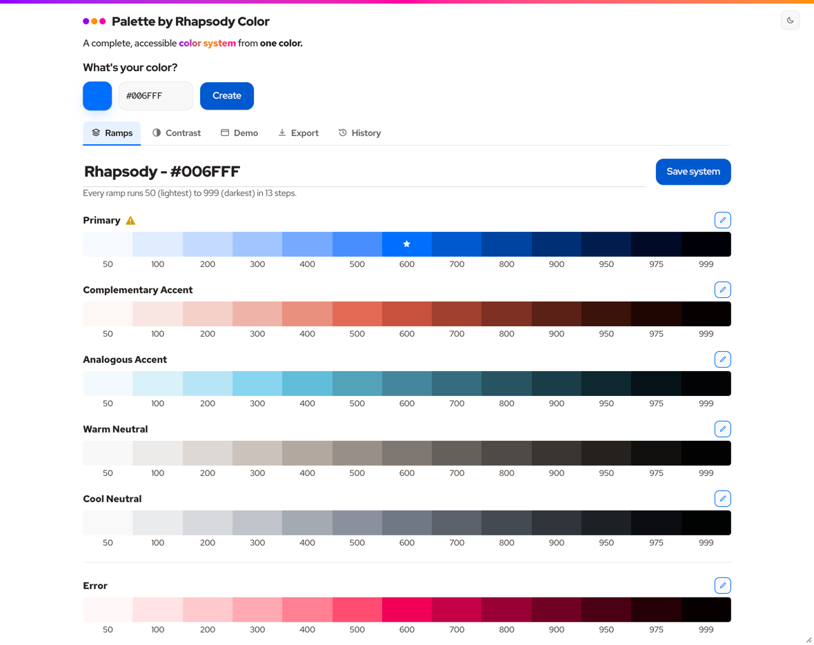 Palette by Rhapsody Color, the Ramps view. A named color system of perceptually-even ramps built from one pinned brand color