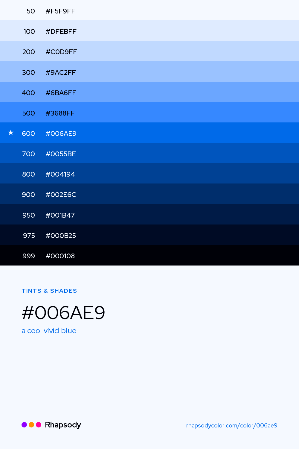 The full tonal scale of #006AE9, 13 steps from light to dark with every hex, from Rhapsody