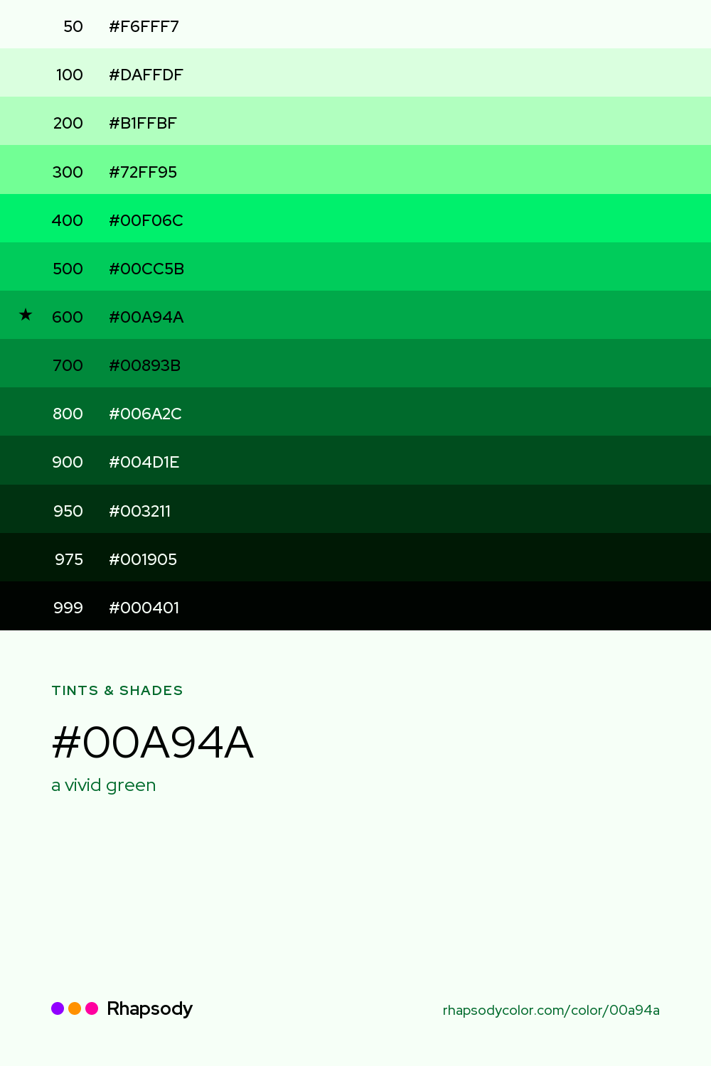 The full tonal scale of #00A94A, 13 steps from light to dark with every hex, from Rhapsody