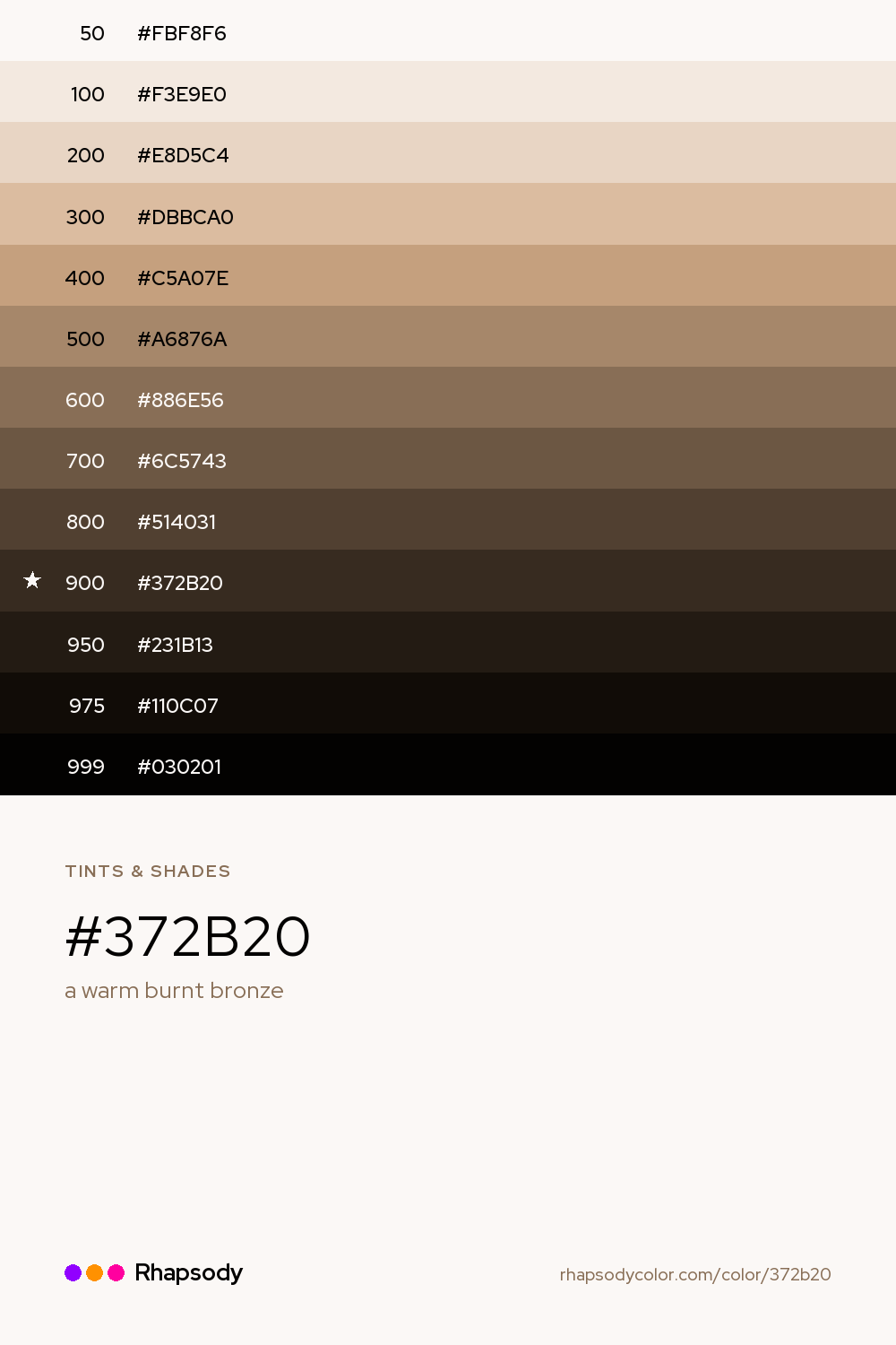 The full tonal scale of #372B20, 13 steps from light to dark with every hex, from Rhapsody