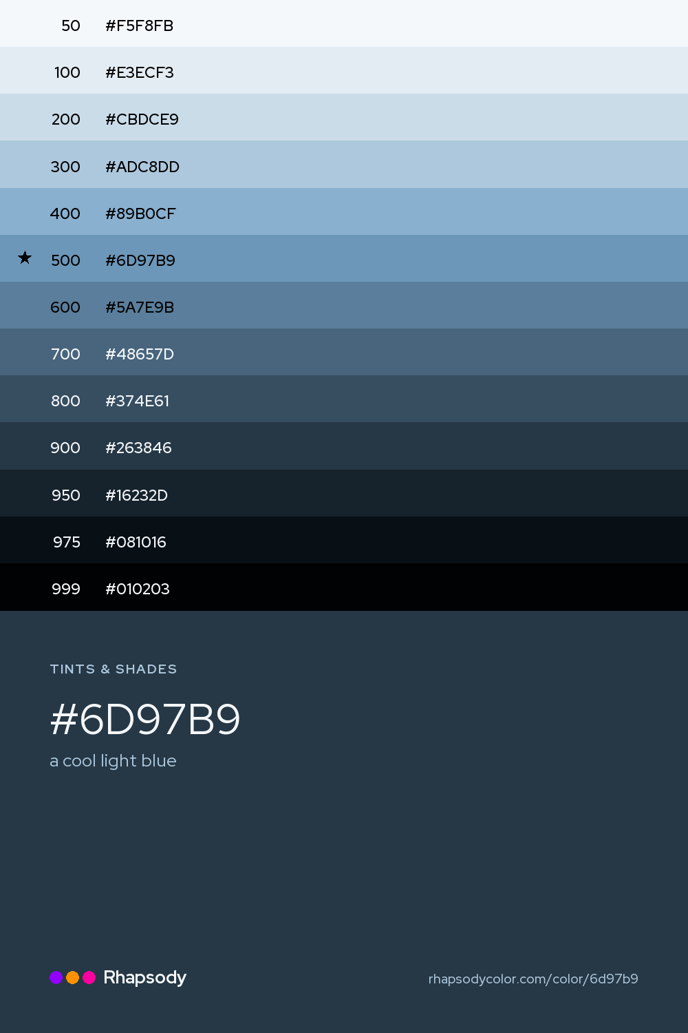 The full tonal scale of #6D97B9, 13 steps from light to dark with every hex, from Rhapsody
