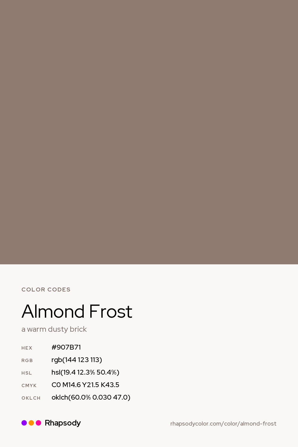 Almond Frost color codes: hex #907B71, RGB, HSL, CMYK, and OKLCH, from Rhapsody