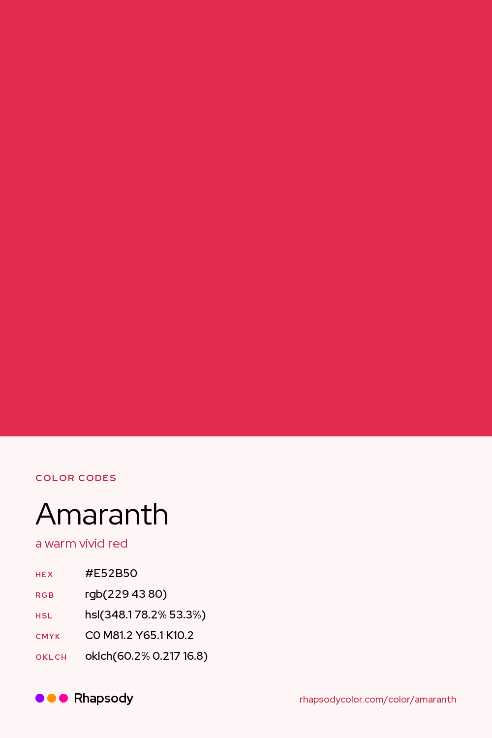 Amaranth color codes: hex #E52B50, RGB, HSL, CMYK, and OKLCH, from Rhapsody