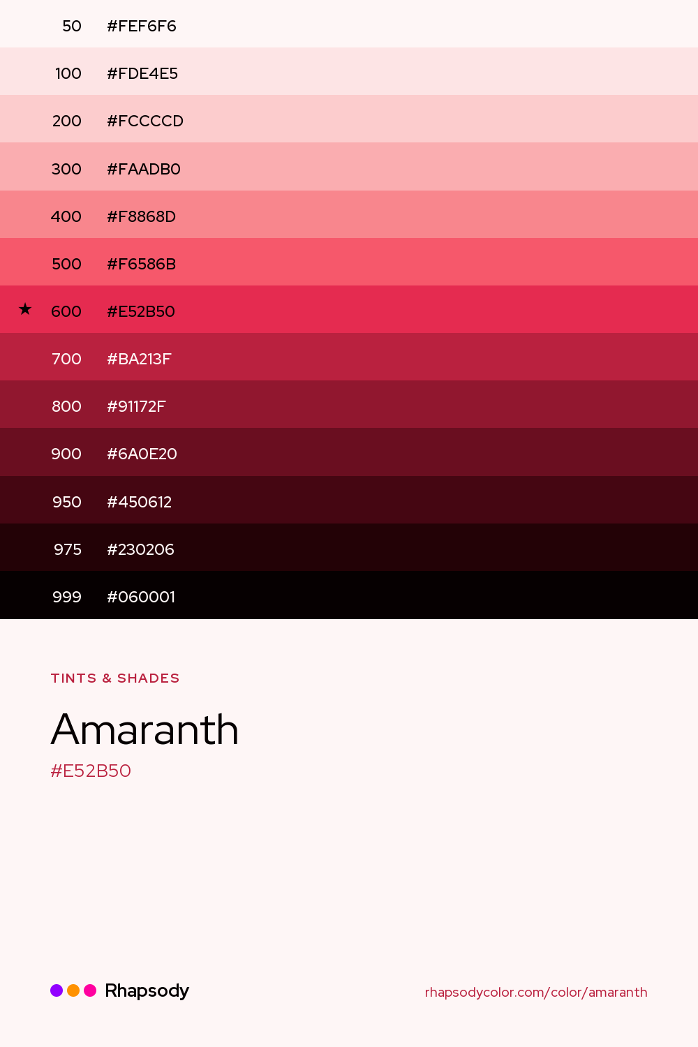The full tonal scale of Amaranth, 13 steps from light to dark with every hex, from Rhapsody