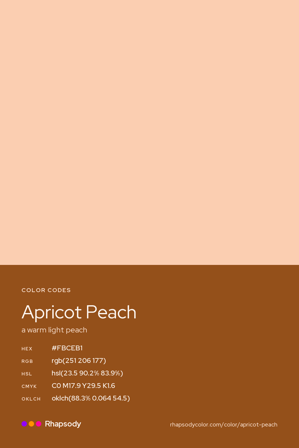 Apricot Peach color codes: hex #FBCEB1, RGB, HSL, CMYK, and OKLCH, from Rhapsody