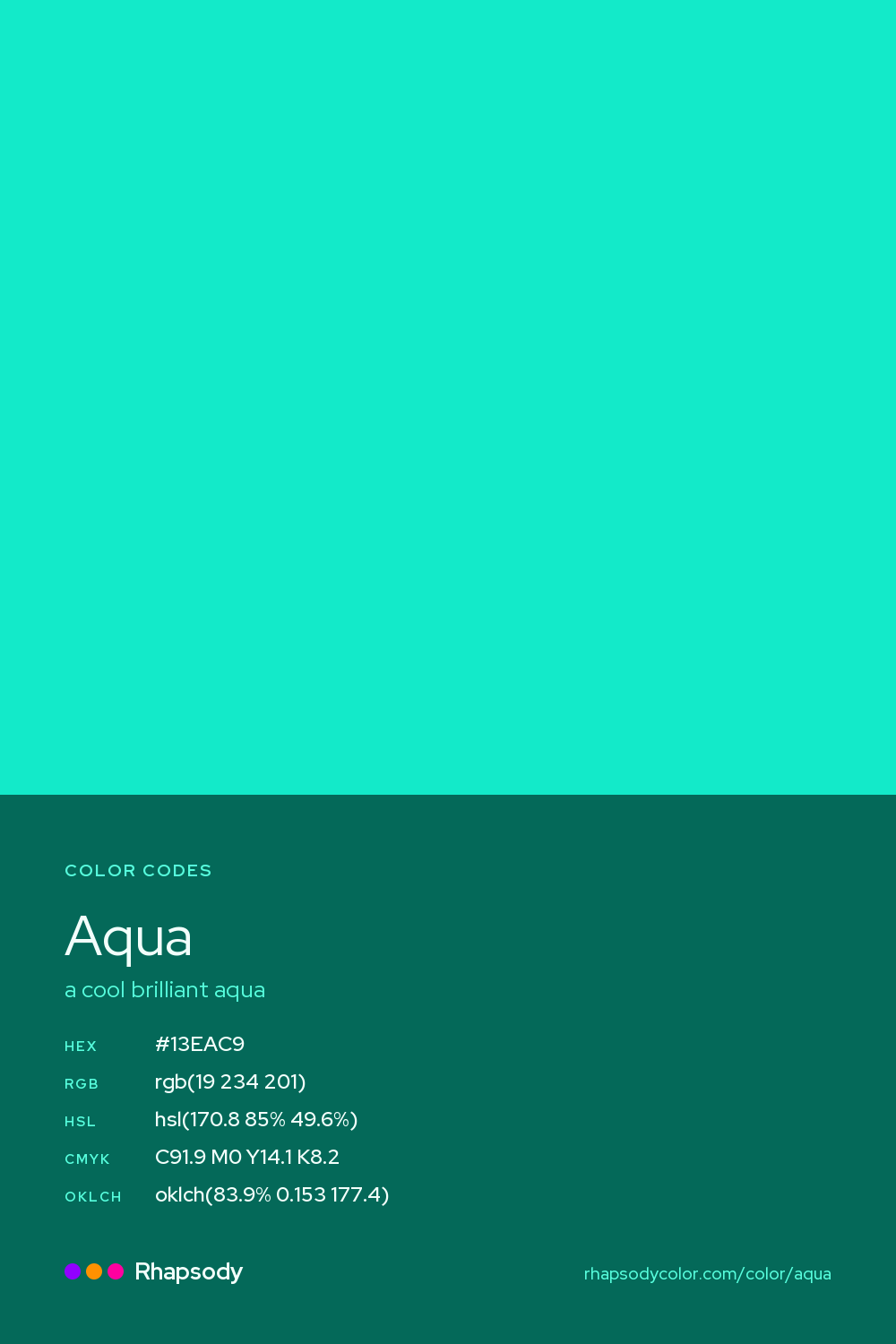 Aqua color codes: hex #13EAC9, RGB, HSL, CMYK, and OKLCH, from Rhapsody