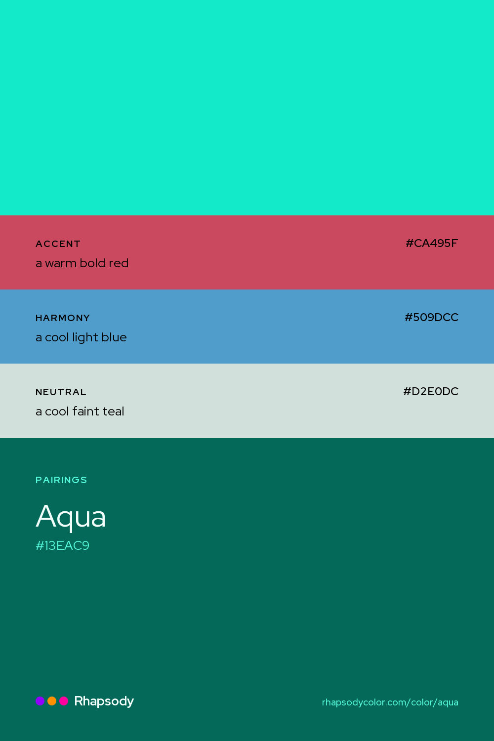 Aqua paired with a warm bold red #CA495F, a cool light blue #509DCC, a cool faint teal #D2E0DC: hex values and roles, from Rhapsody