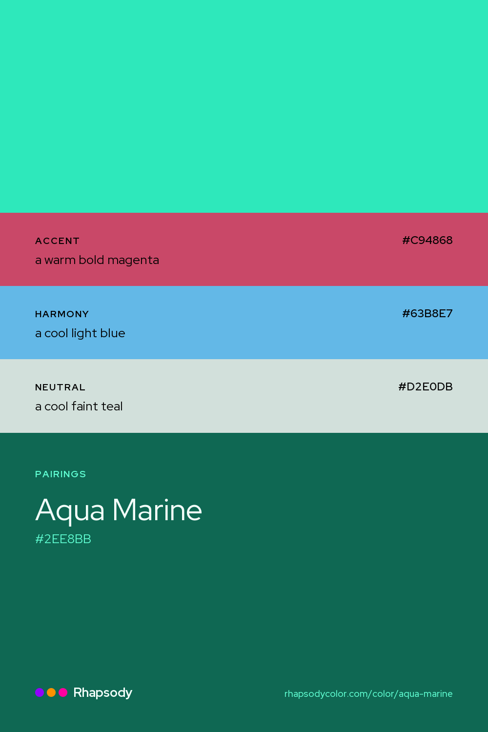 Aqua Marine paired with a warm bold magenta #C94868, a cool light blue #63B8E7, a cool faint teal #D2E0DB: hex values and roles, from Rhapsody
