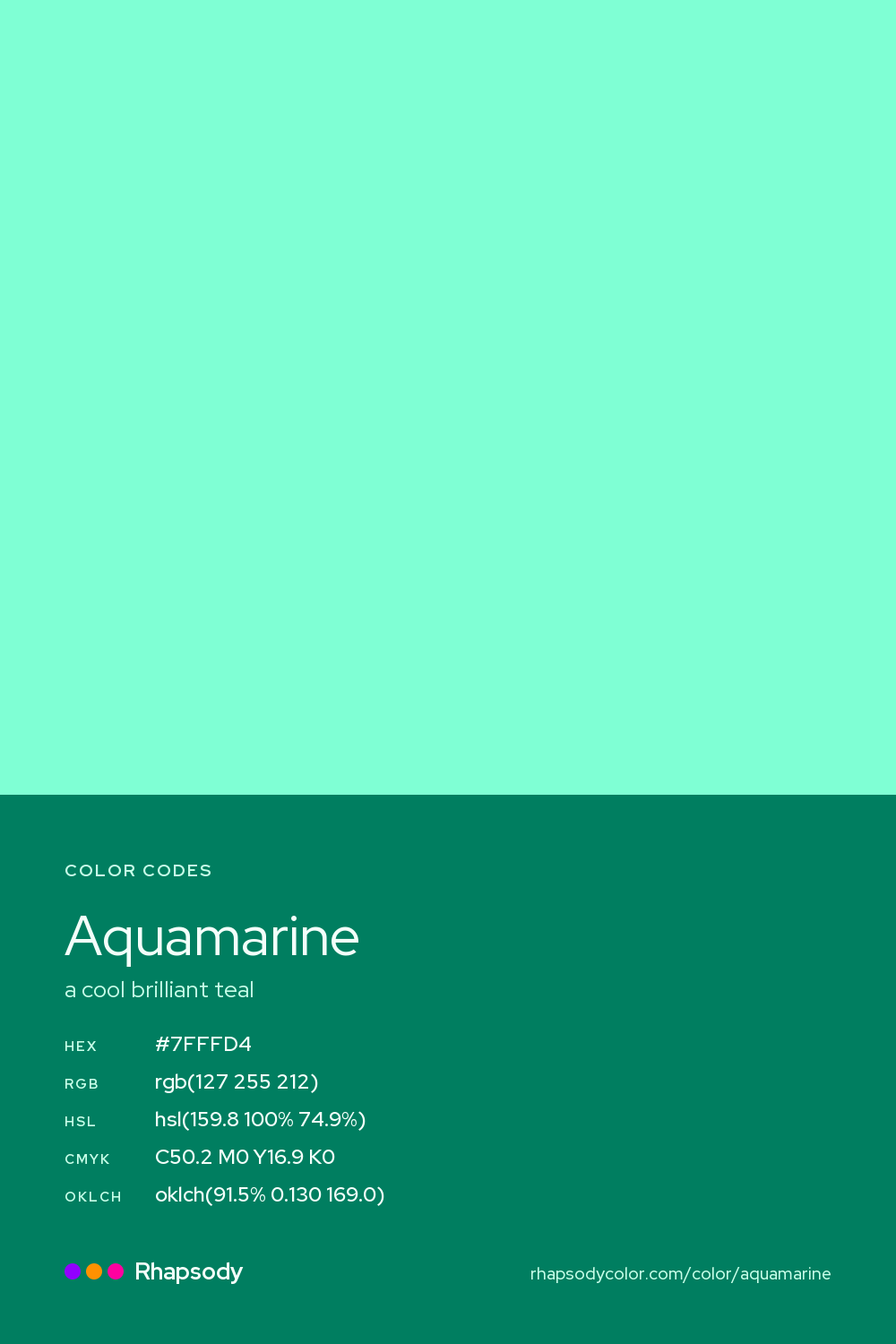 Aquamarine color codes: hex #7FFFD4, RGB, HSL, CMYK, and OKLCH, from Rhapsody