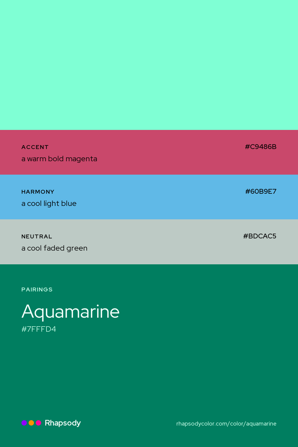 Aquamarine paired with a warm bold magenta #C9486B, a cool light blue #60B9E7, a cool faded green #BDCAC5: hex values and roles, from Rhapsody