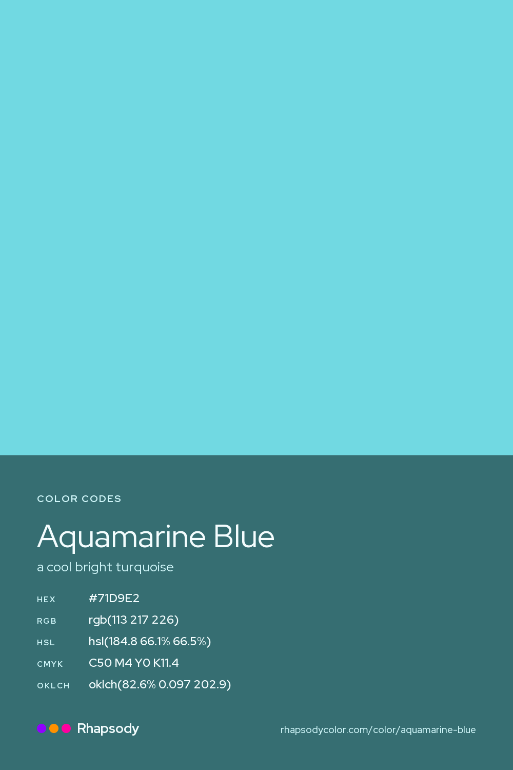 Aquamarine Blue color codes: hex #71D9E2, RGB, HSL, CMYK, and OKLCH, from Rhapsody