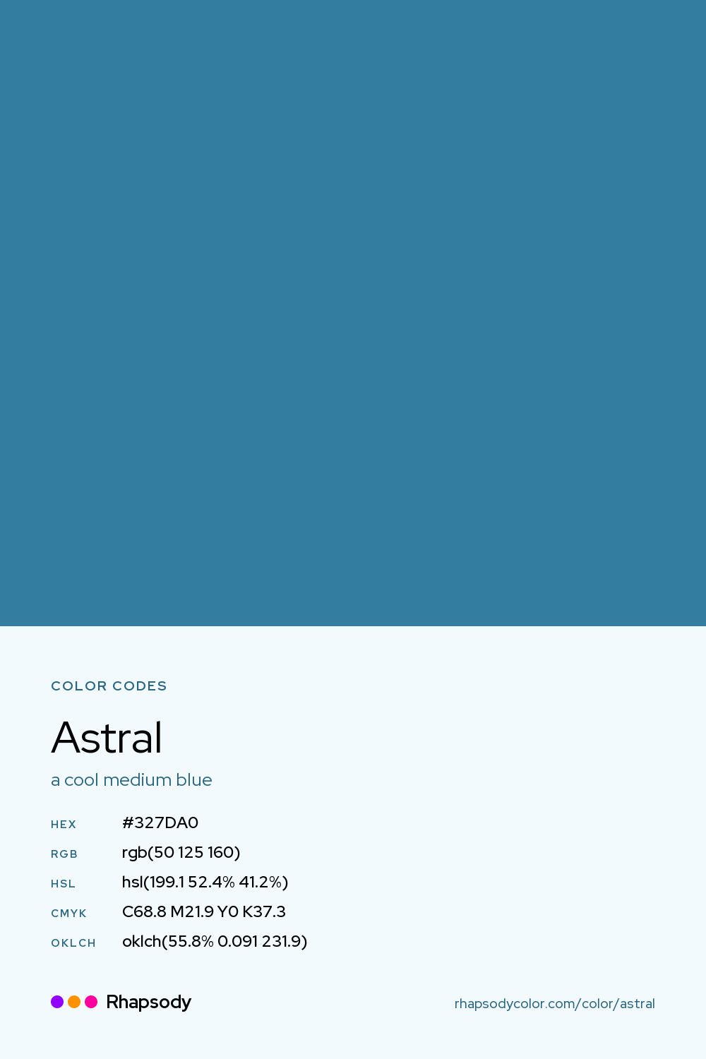 Astral color codes: hex #327DA0, RGB, HSL, CMYK, and OKLCH, from Rhapsody
