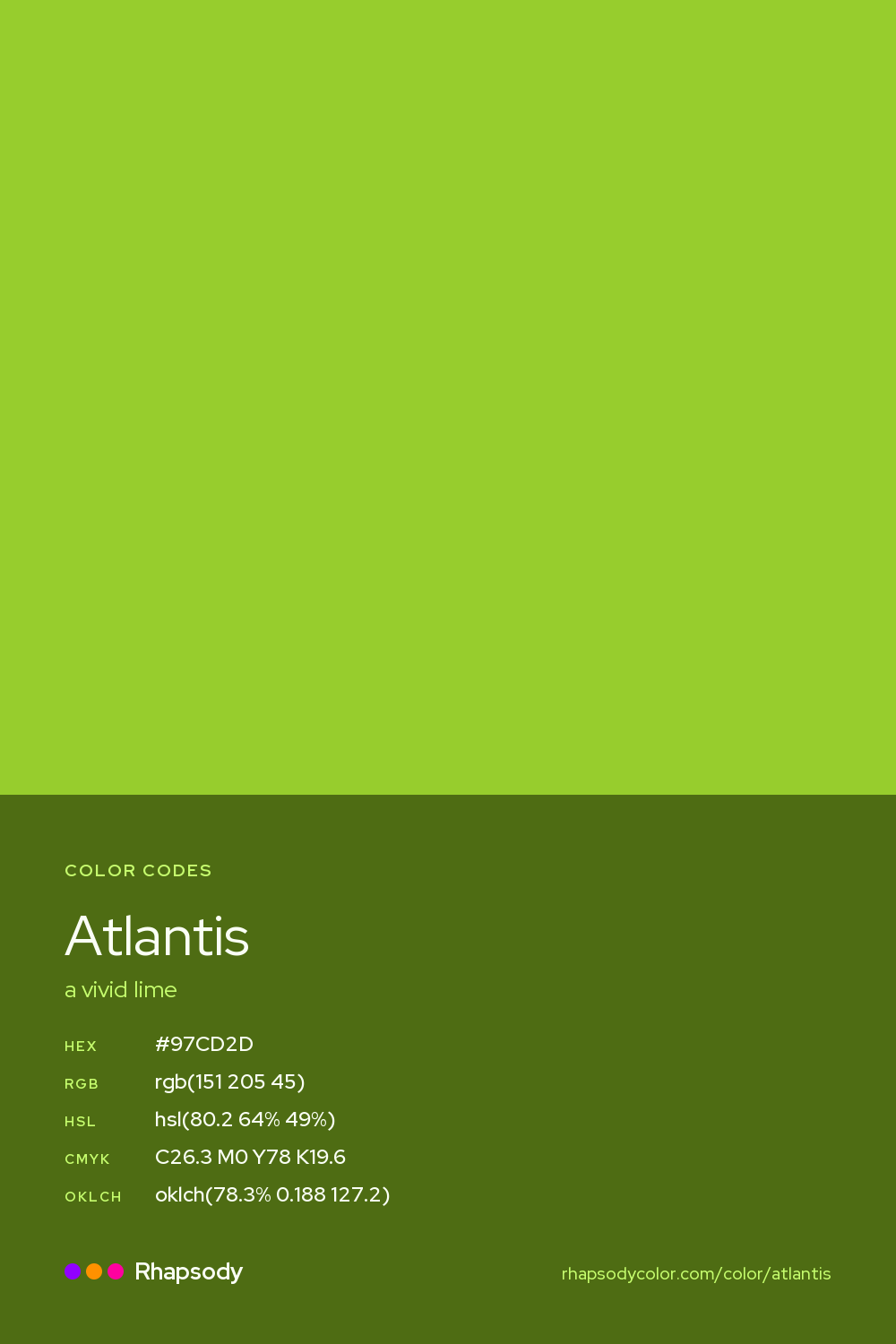 Atlantis color codes: hex #97CD2D, RGB, HSL, CMYK, and OKLCH, from Rhapsody