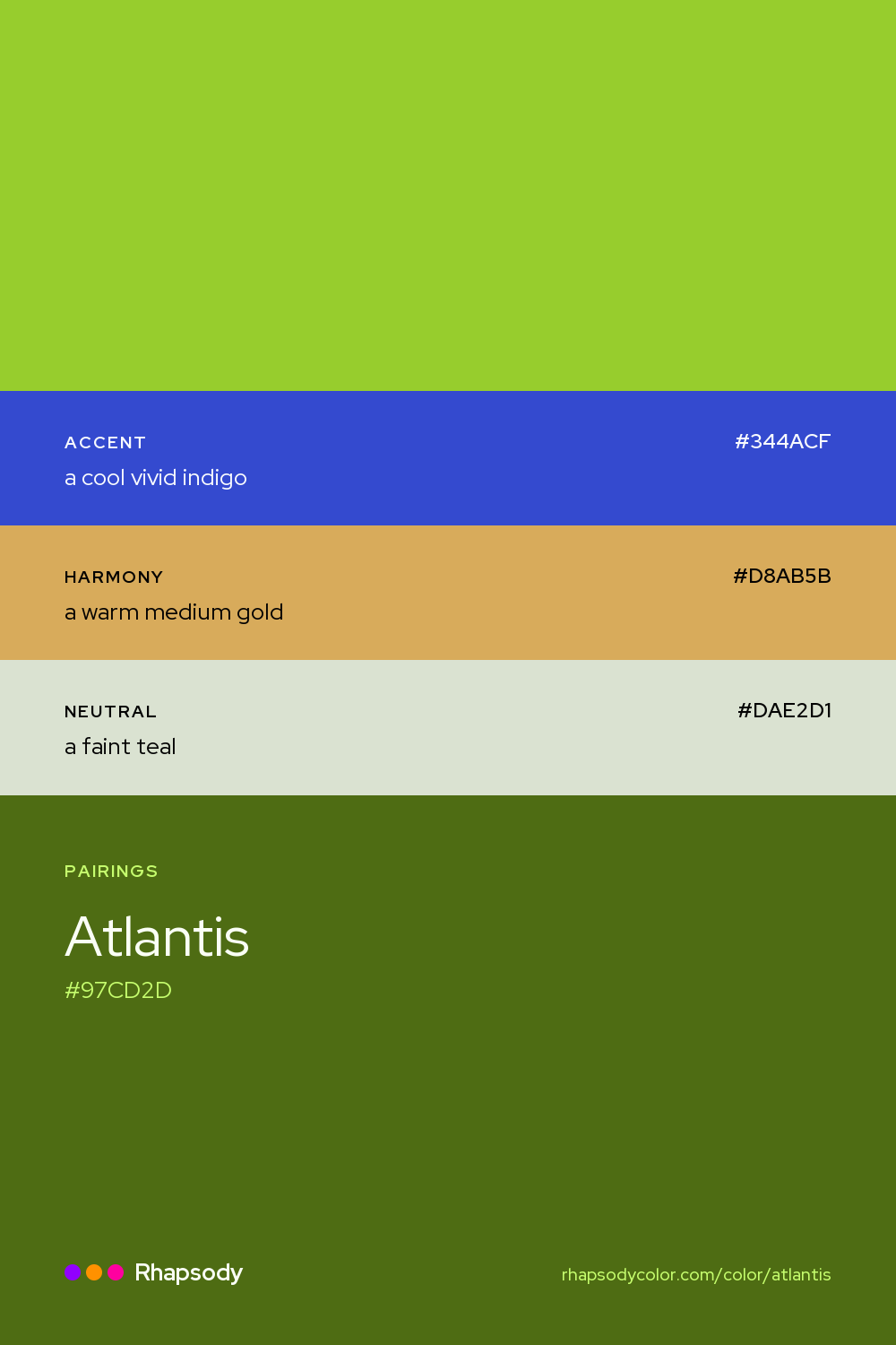 Atlantis paired with a cool vivid indigo #344ACF, a warm medium gold #D8AB5B, a faint teal #DAE2D1: hex values and roles, from Rhapsody