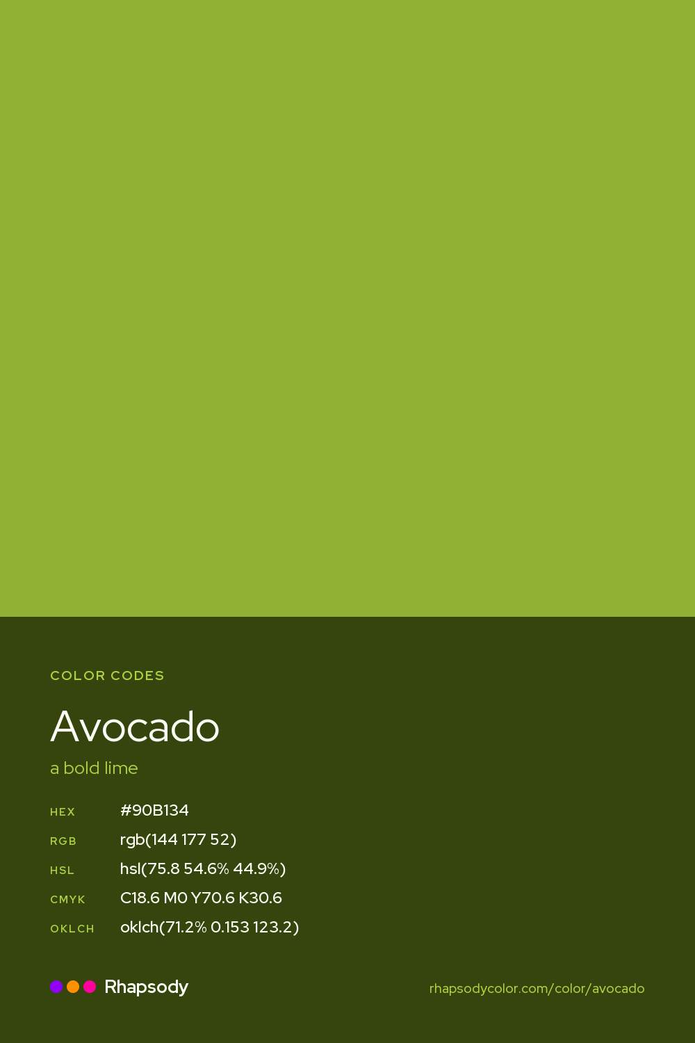 Avocado color codes: hex #90B134, RGB, HSL, CMYK, and OKLCH, from Rhapsody