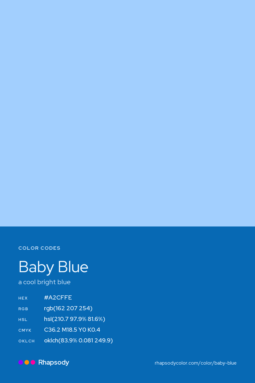 Baby Blue color codes: hex #A2CFFE, RGB, HSL, CMYK, and OKLCH, from Rhapsody