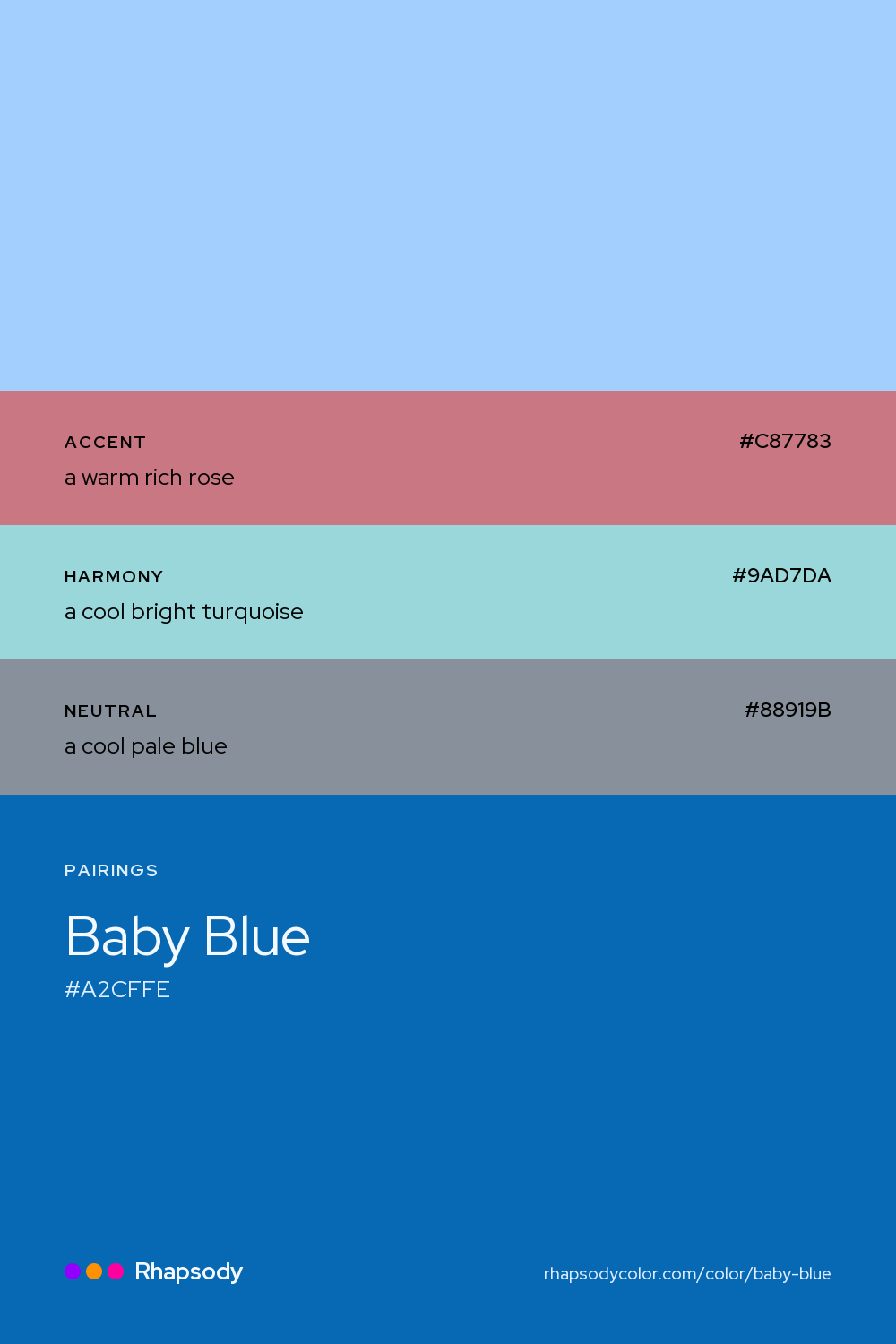 Baby Blue paired with a warm rich rose #C87783, a cool bright turquoise #9AD7DA, a cool pale blue #88919B: hex values and roles, from Rhapsody