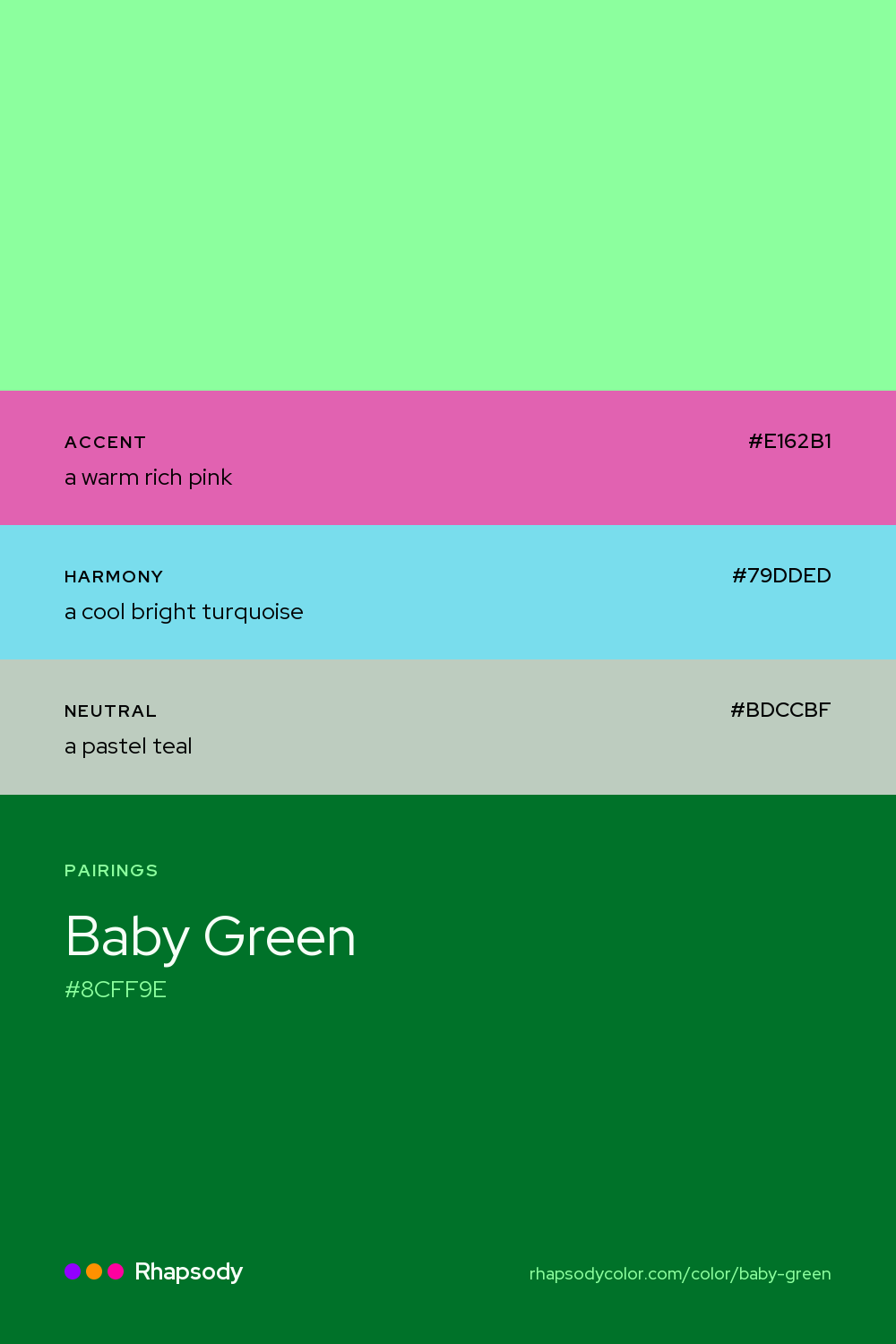 Baby Green paired with a warm rich pink #E162B1, a cool bright turquoise #79DDED, a pastel teal #BDCCBF: hex values and roles, from Rhapsody