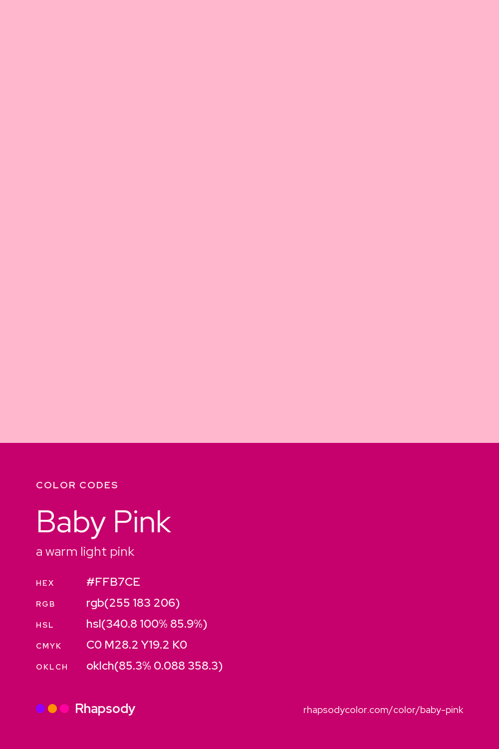 Baby Pink color codes: hex #FFB7CE, RGB, HSL, CMYK, and OKLCH, from Rhapsody