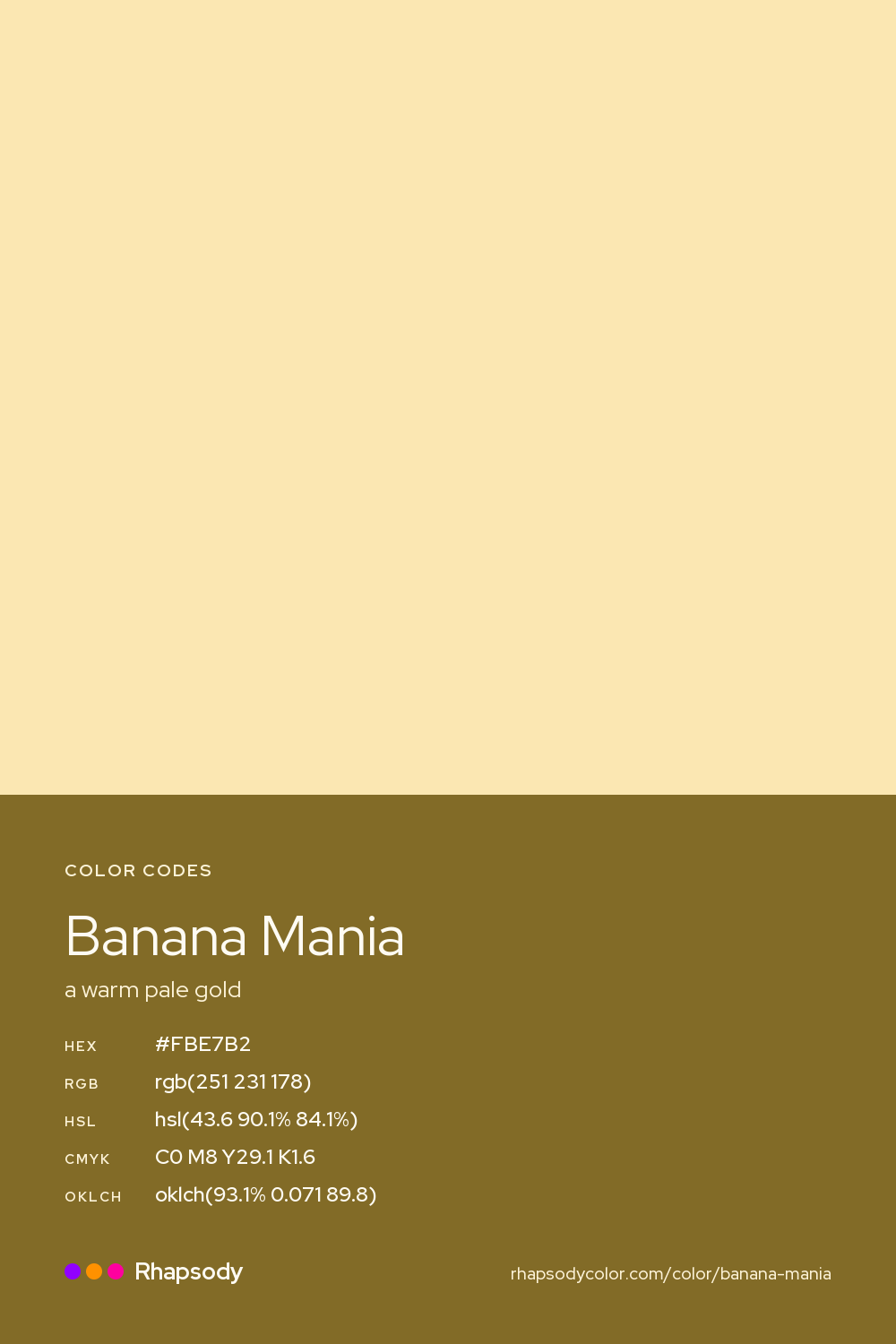 Banana Mania color codes: hex #FBE7B2, RGB, HSL, CMYK, and OKLCH, from Rhapsody