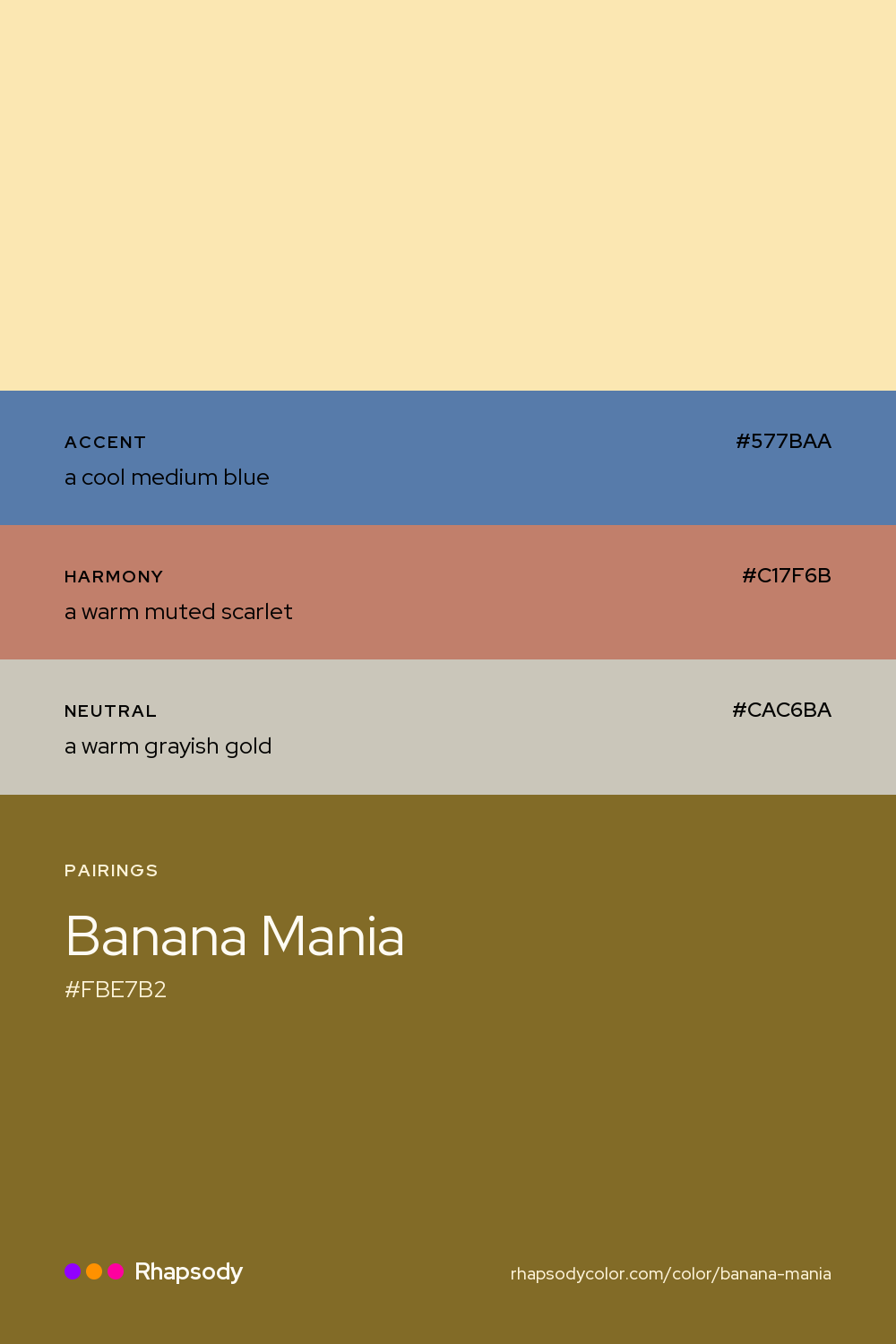 Banana Mania paired with a cool medium blue #577BAA, a warm muted scarlet #C17F6B, a warm grayish gold #CAC6BA: hex values and roles, from Rhapsody