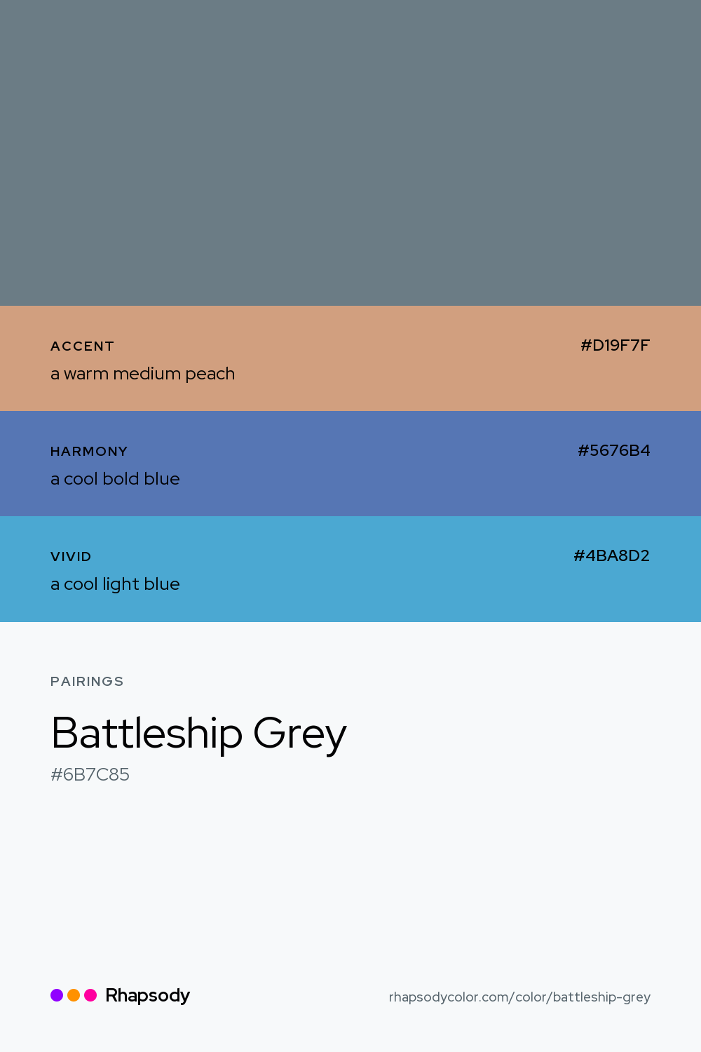 Battleship Grey paired with a warm medium peach #D19F7F, a cool bold blue #5676B4, a cool light blue #4BA8D2: hex values and roles, from Rhapsody