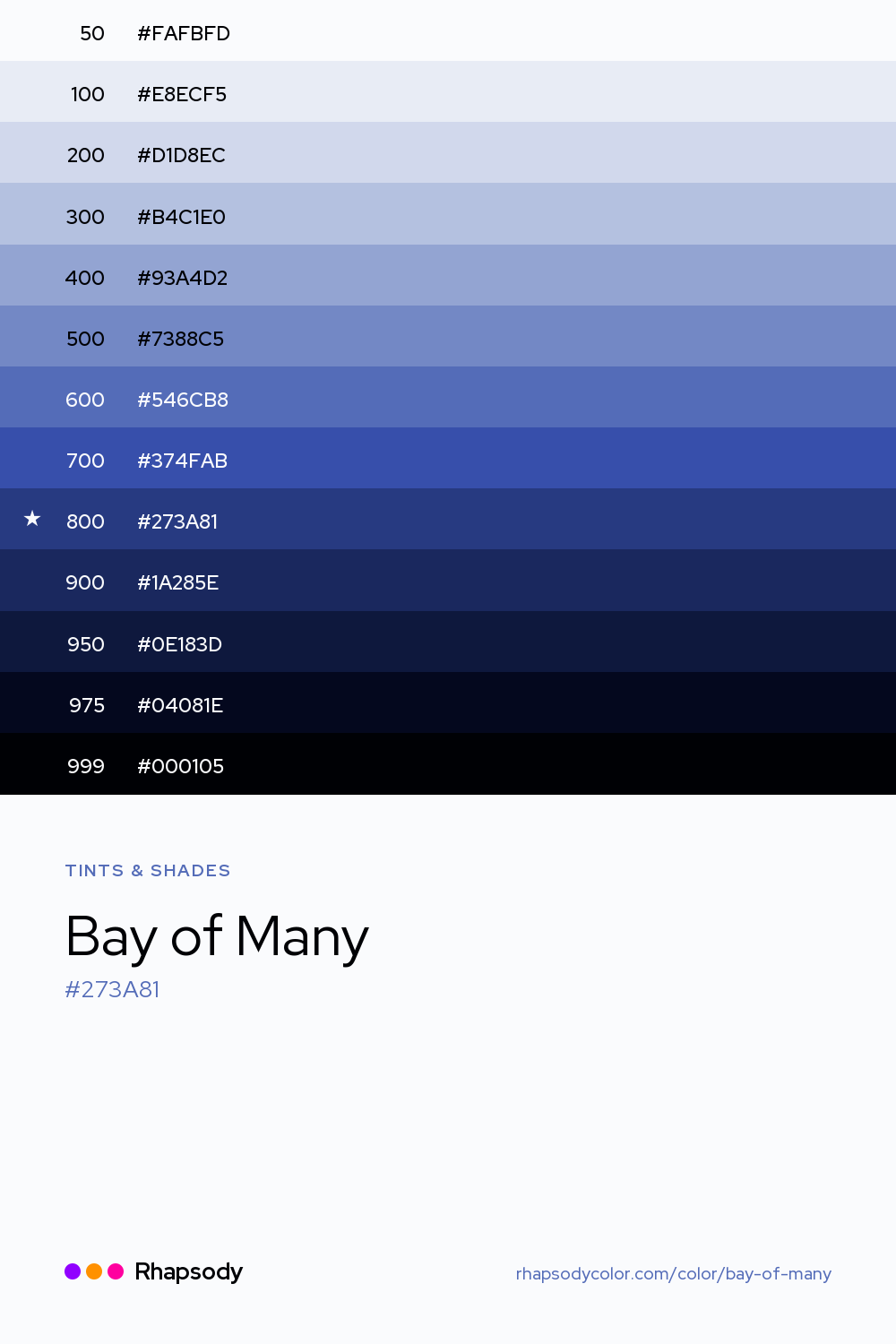 The full tonal scale of Bay Of Many, 13 steps from light to dark with every hex, from Rhapsody
