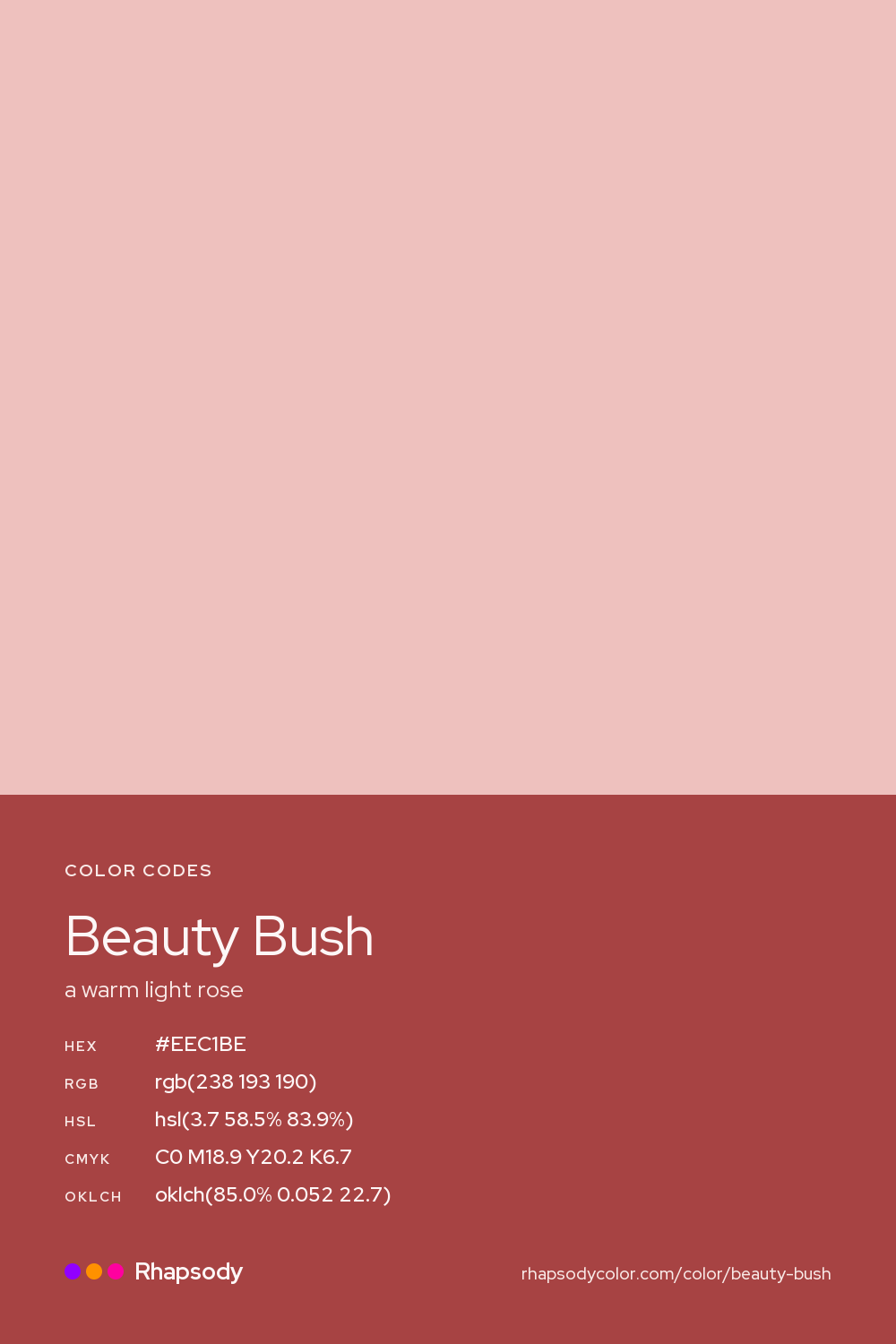 Beauty Bush color codes: hex #EEC1BE, RGB, HSL, CMYK, and OKLCH, from Rhapsody