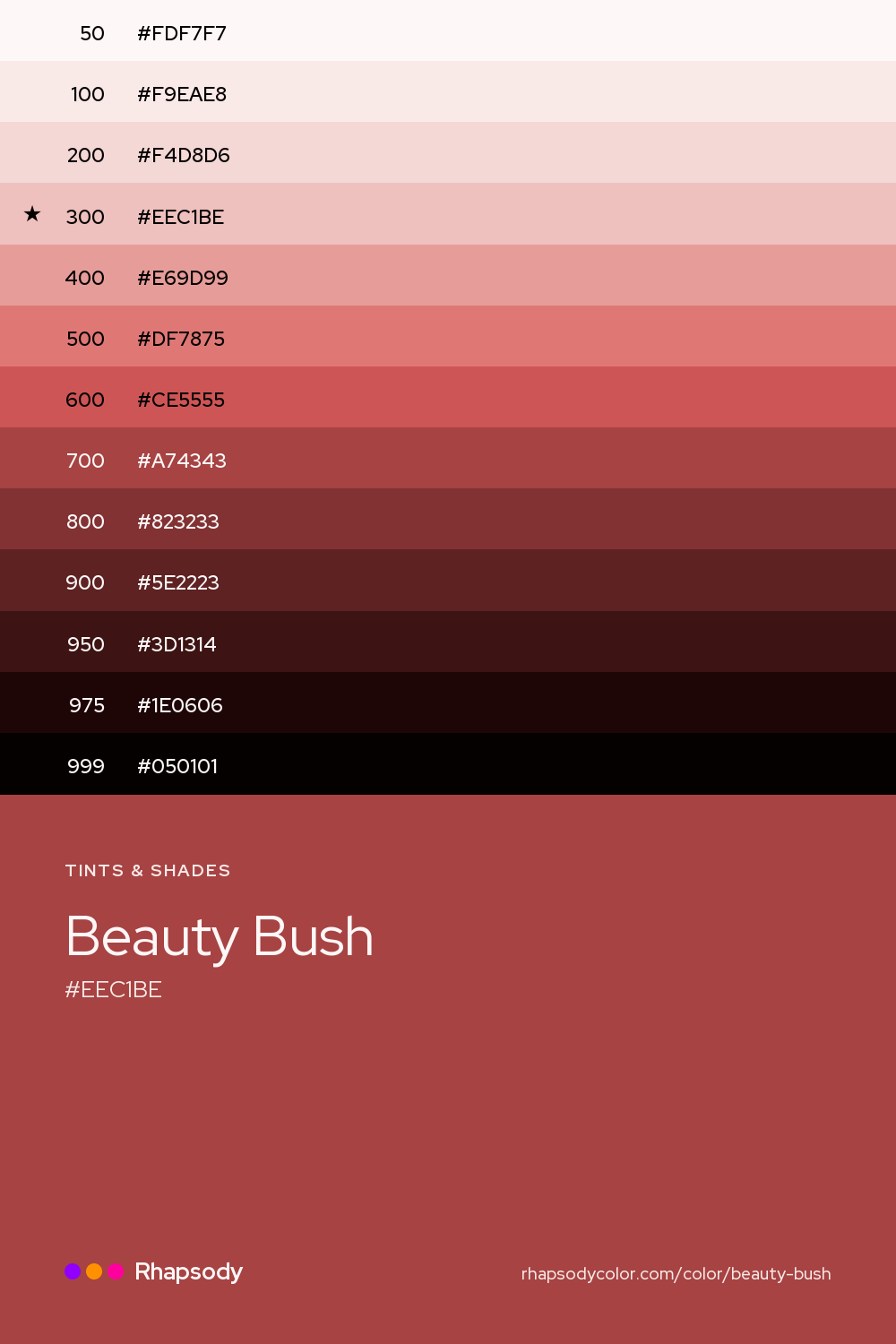 The full tonal scale of Beauty Bush, 13 steps from light to dark with every hex, from Rhapsody