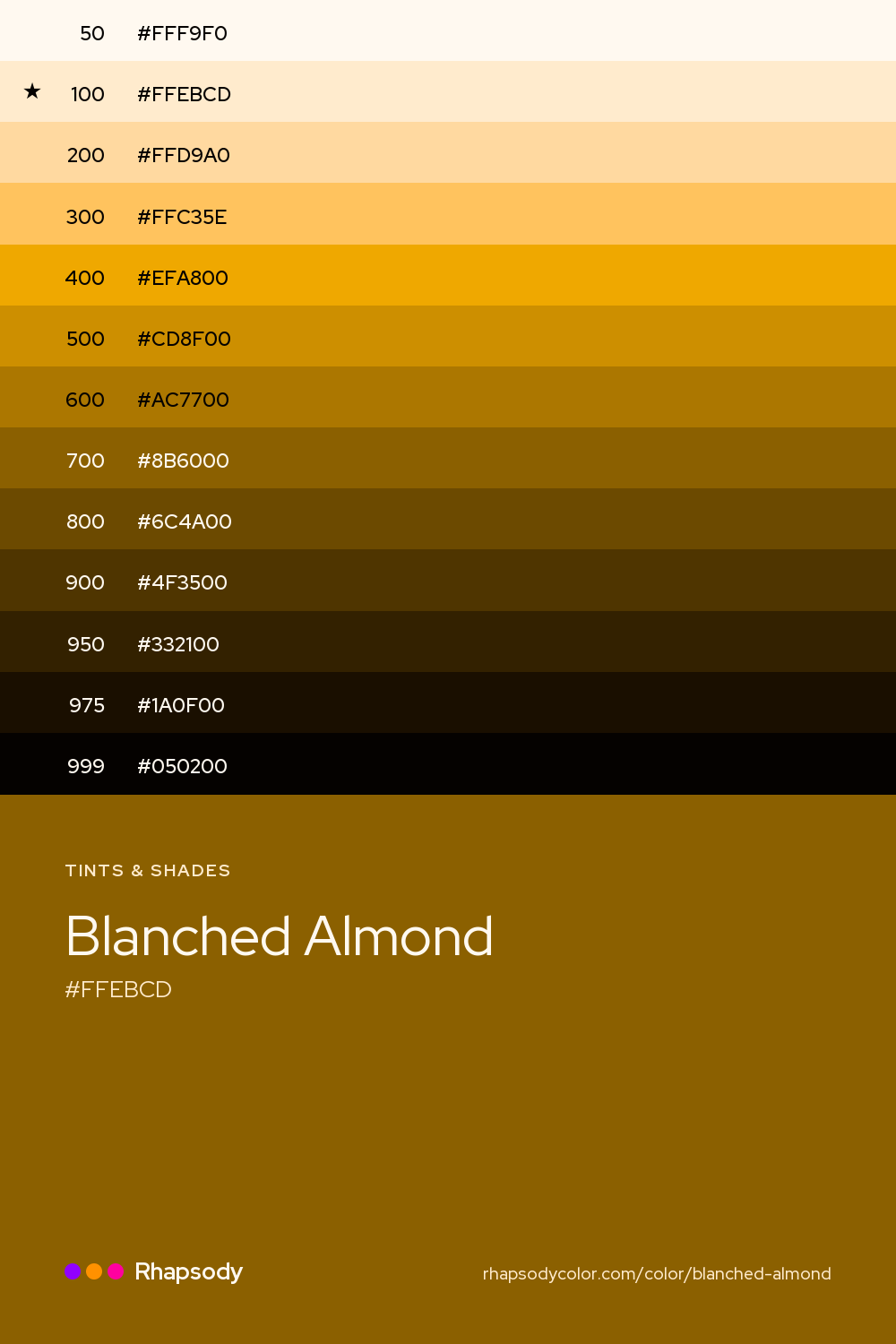 The full tonal scale of Blanched Almond, 13 steps from light to dark with every hex, from Rhapsody
