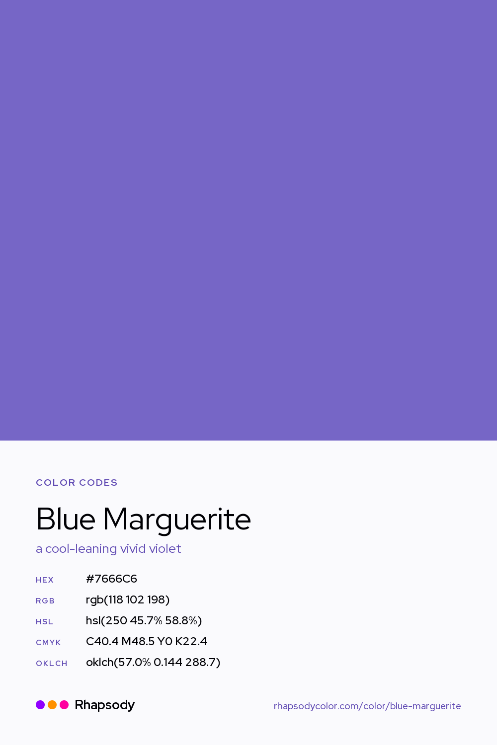 Blue Marguerite color codes: hex #7666C6, RGB, HSL, CMYK, and OKLCH, from Rhapsody