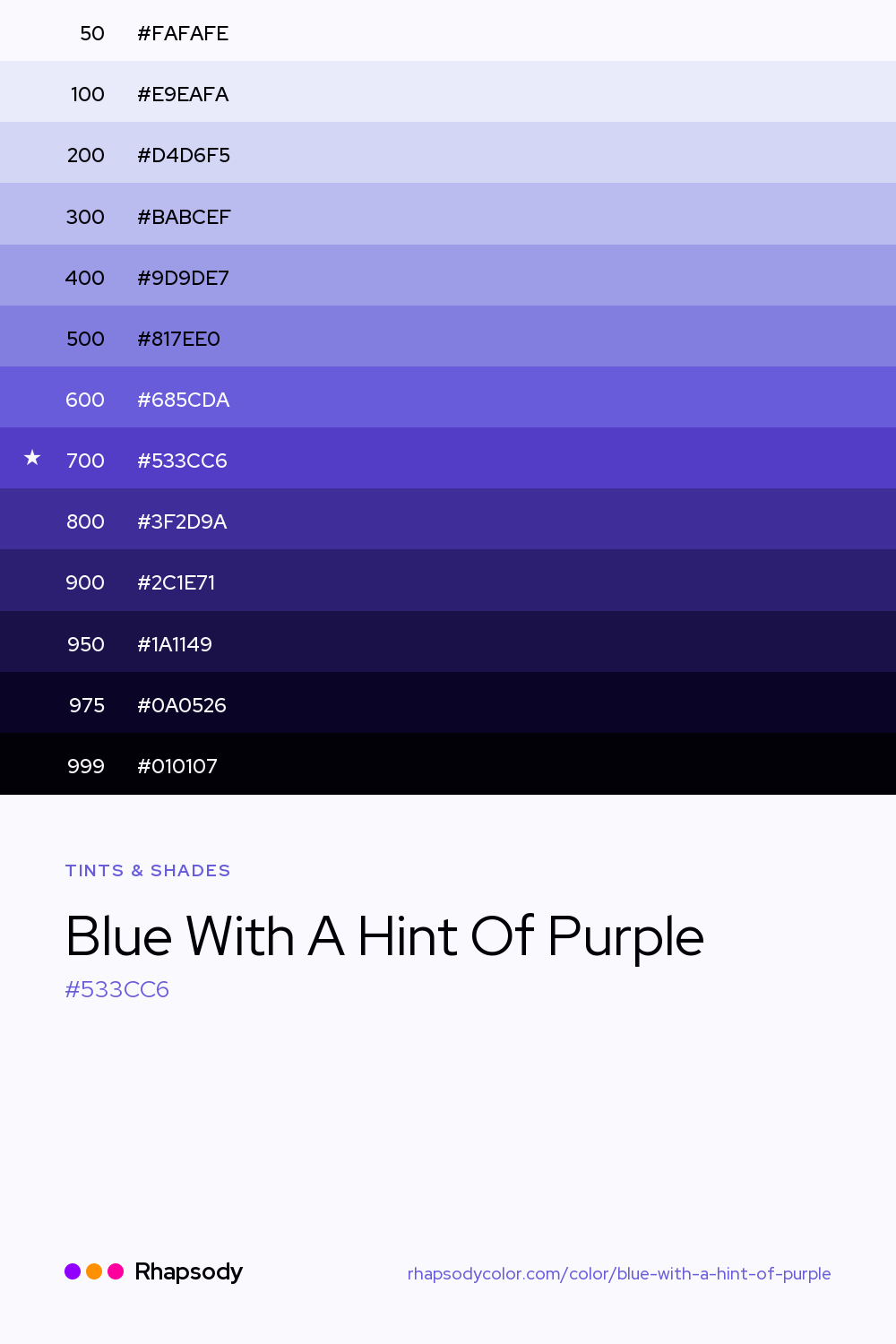 The full tonal scale of Blue With A Hint Of Purple, 13 steps from light to dark with every hex, from Rhapsody