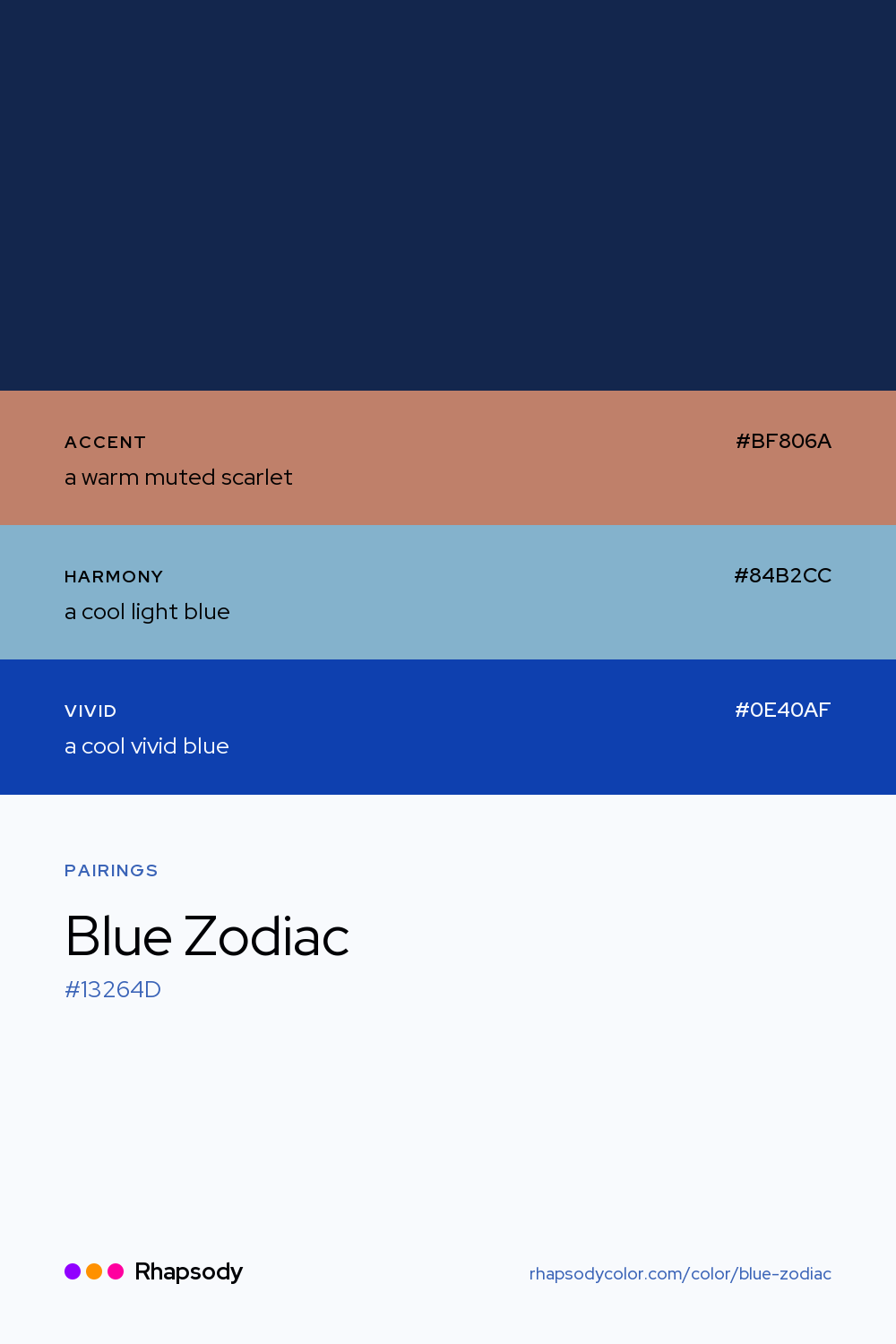Blue Zodiac paired with a warm muted scarlet #BF806A, a cool light blue #84B2CC, a cool vivid blue #0E40AF: hex values and roles, from Rhapsody