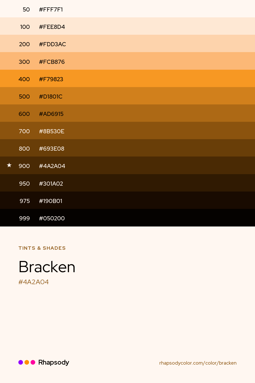 The full tonal scale of Bracken, 13 steps from light to dark with every hex, from Rhapsody