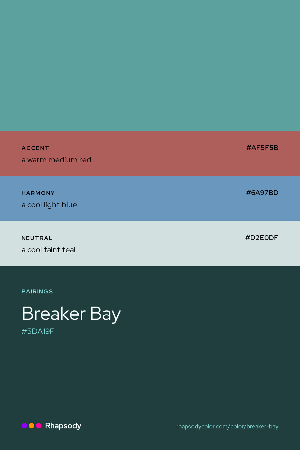 Breaker Bay paired with a warm medium red #AF5F5B, a cool light blue #6A97BD, a cool faint teal #D2E0DF: hex values and roles, from Rhapsody
