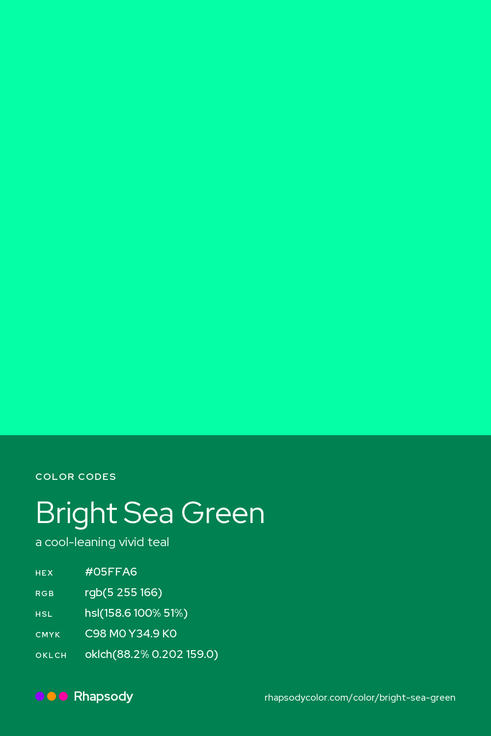 Bright Sea Green color codes: hex #05FFA6, RGB, HSL, CMYK, and OKLCH, from Rhapsody