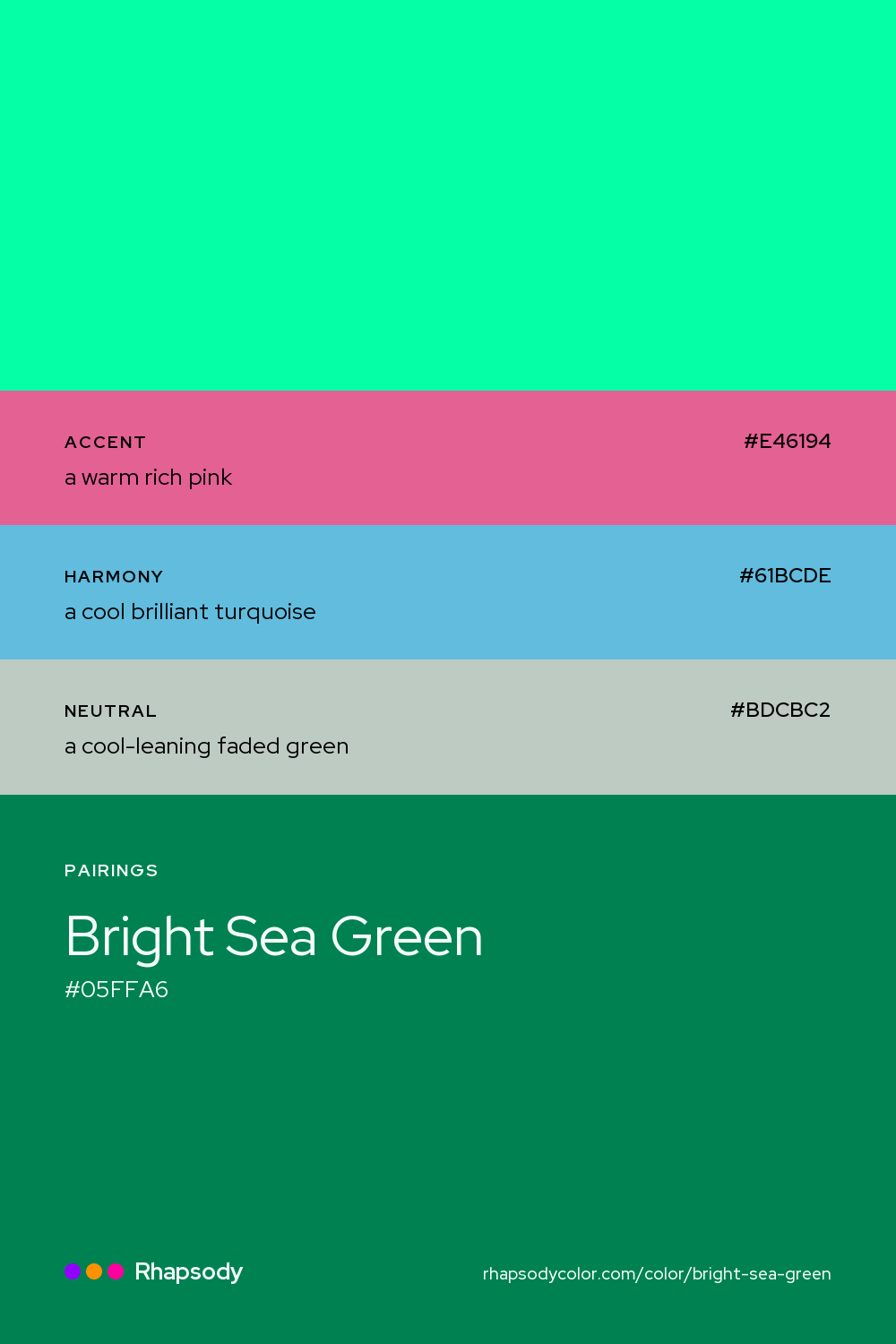 Bright Sea Green paired with a warm rich pink #E46194, a cool brilliant turquoise #61BCDE, a cool-leaning faded green #BDCBC2: hex values and roles, from Rhapsody