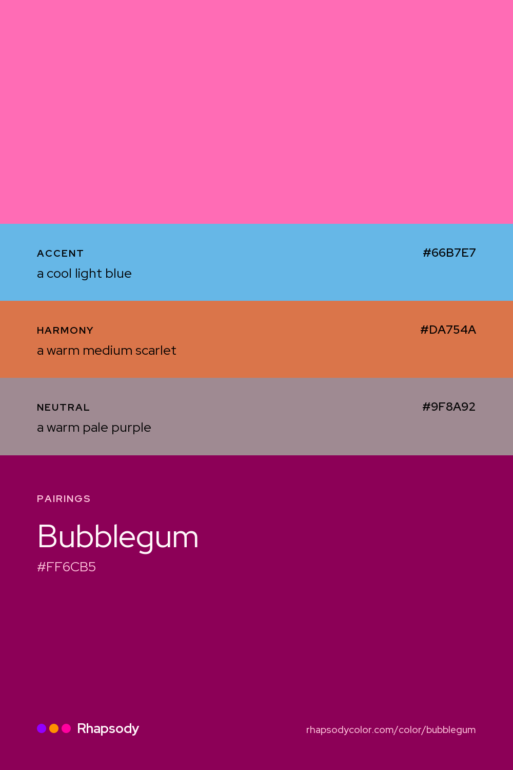 Bubblegum paired with a cool light blue #66B7E7, a warm medium scarlet #DA754A, a warm pale purple #9F8A92: hex values and roles, from Rhapsody