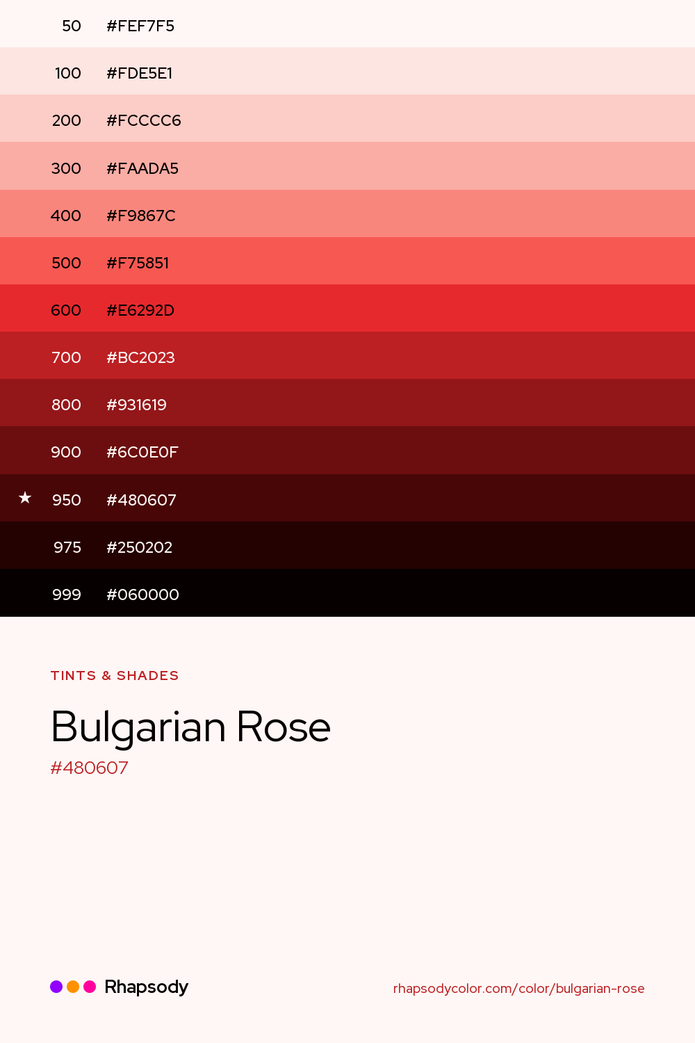 The full tonal scale of Bulgarian Rose, 13 steps from light to dark with every hex, from Rhapsody