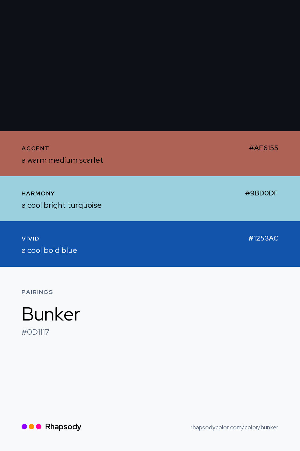 Bunker paired with a warm medium scarlet #AE6155, a cool bright turquoise #9BD0DF, a cool bold blue #1253AC: hex values and roles, from Rhapsody
