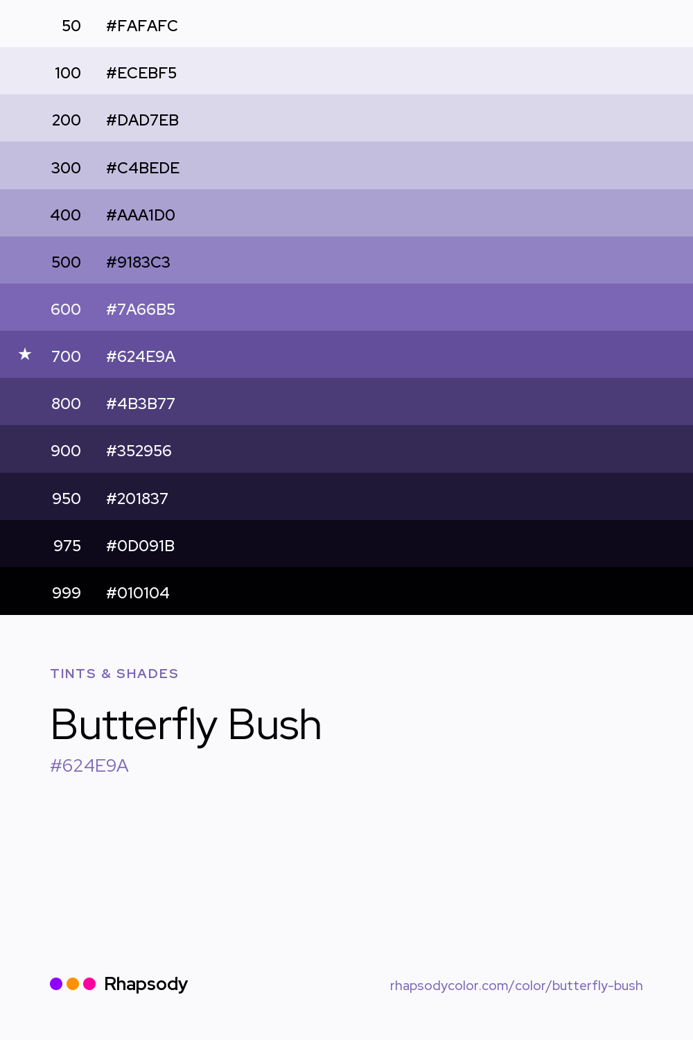 The full tonal scale of Butterfly Bush, 13 steps from light to dark with every hex, from Rhapsody