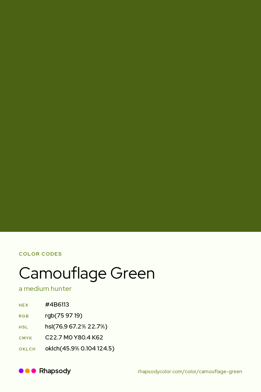 Camouflage Green color codes: hex #4B6113, RGB, HSL, CMYK, and OKLCH, from Rhapsody