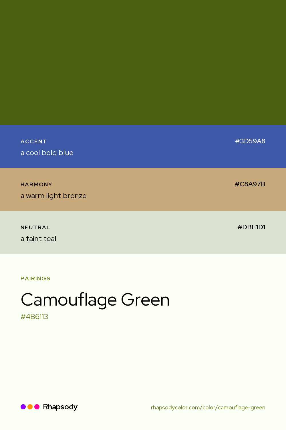 Camouflage Green paired with a cool bold blue #3D59A8, a warm light bronze #C8A97B, a faint teal #DBE1D1: hex values and roles, from Rhapsody