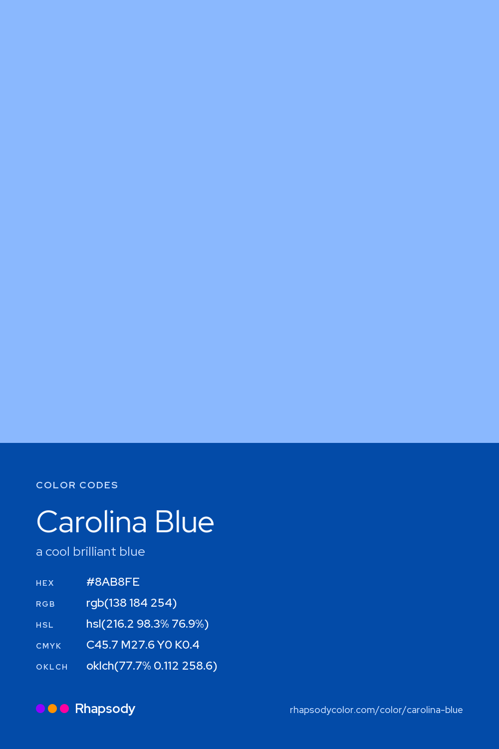 Carolina Blue color codes: hex #8AB8FE, RGB, HSL, CMYK, and OKLCH, from Rhapsody
