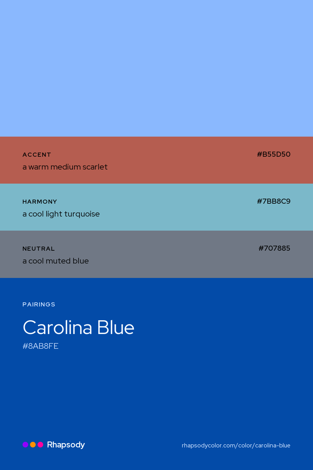 Carolina Blue paired with a warm medium scarlet #B55D50, a cool light turquoise #7BB8C9, a cool muted blue #707885: hex values and roles, from Rhapsody