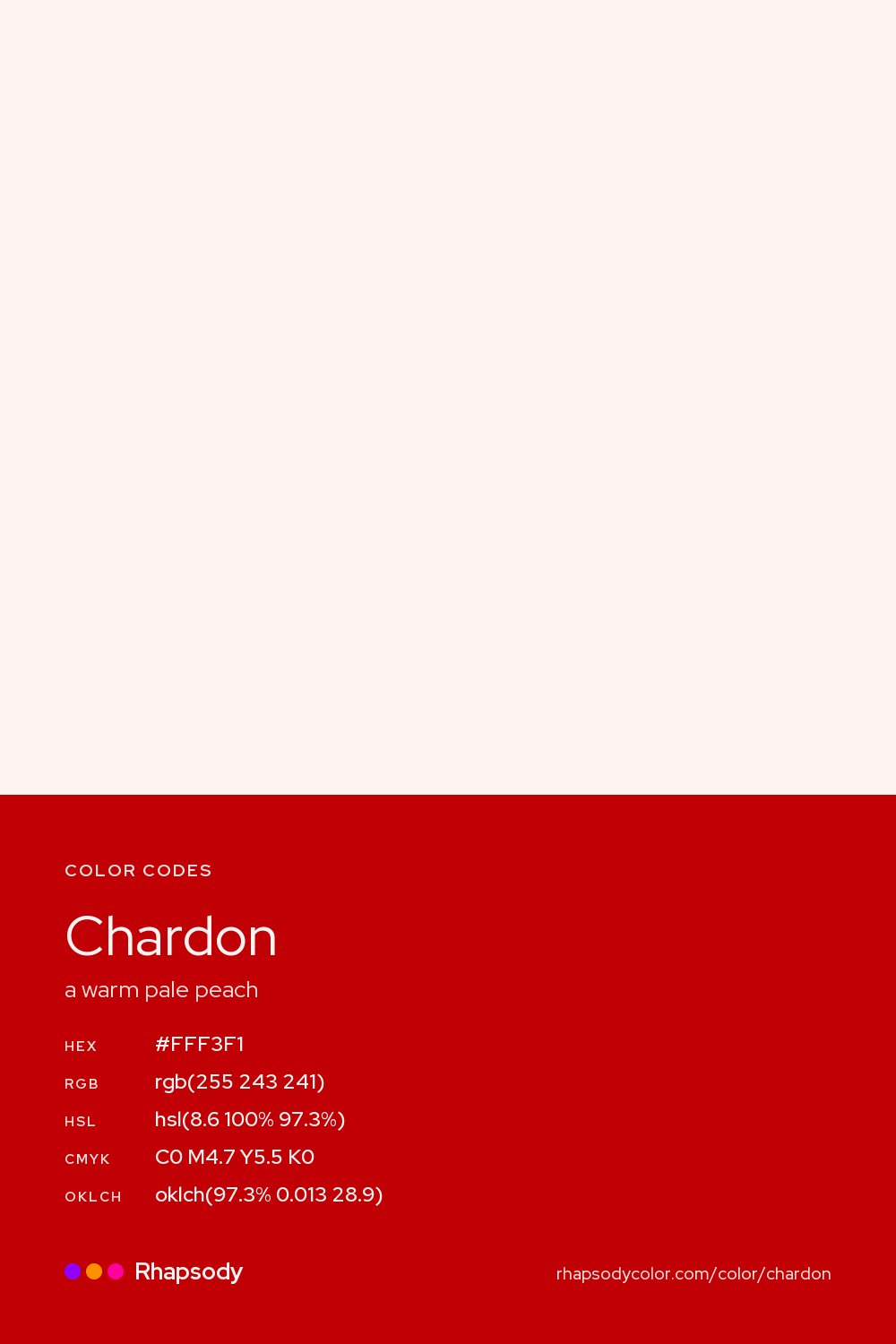 Chardon color codes: hex #FFF3F1, RGB, HSL, CMYK, and OKLCH, from Rhapsody