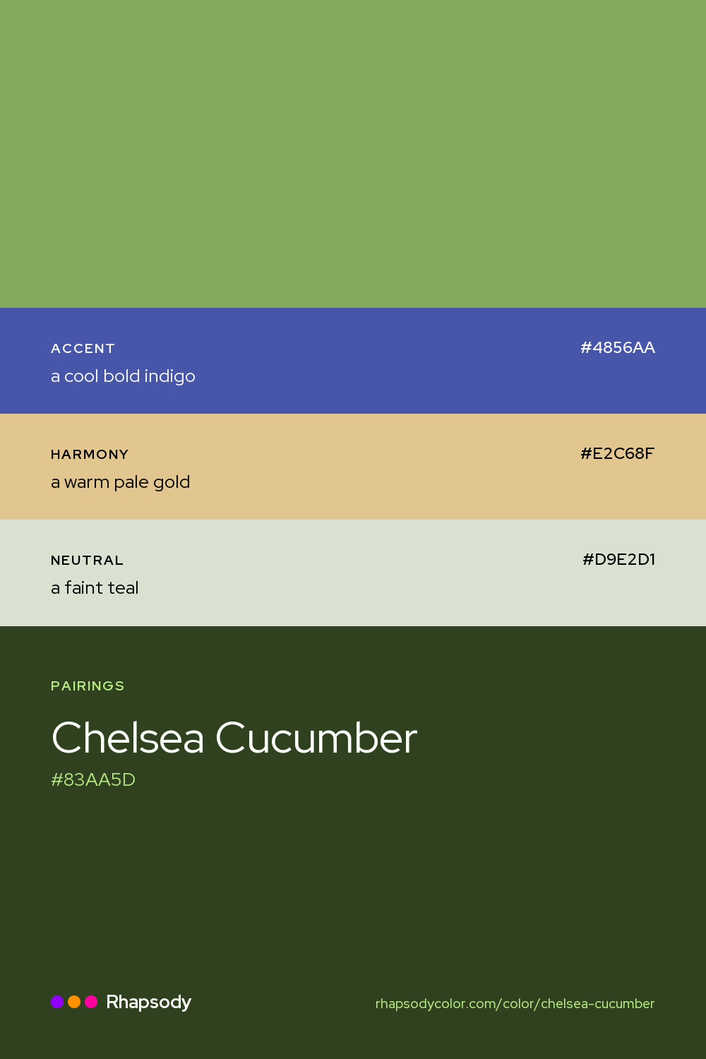 Chelsea Cucumber paired with a cool bold indigo #4856AA, a warm pale gold #E2C68F, a faint teal #D9E2D1: hex values and roles, from Rhapsody