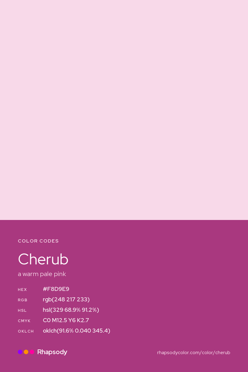 Cherub color codes: hex #F8D9E9, RGB, HSL, CMYK, and OKLCH, from Rhapsody
